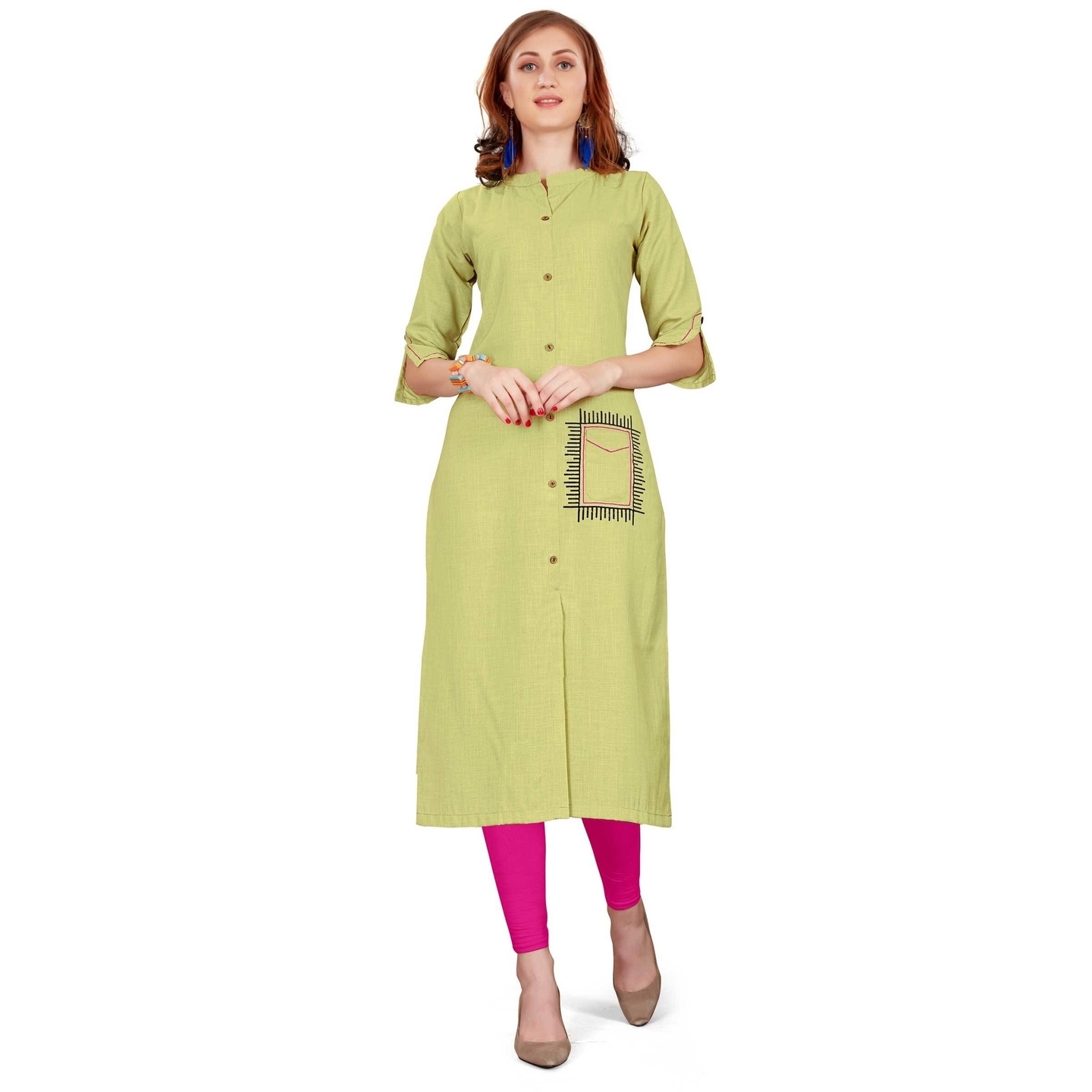 Parrot Green Cotton Blend Plain Straight Party Wear Readymade kurti