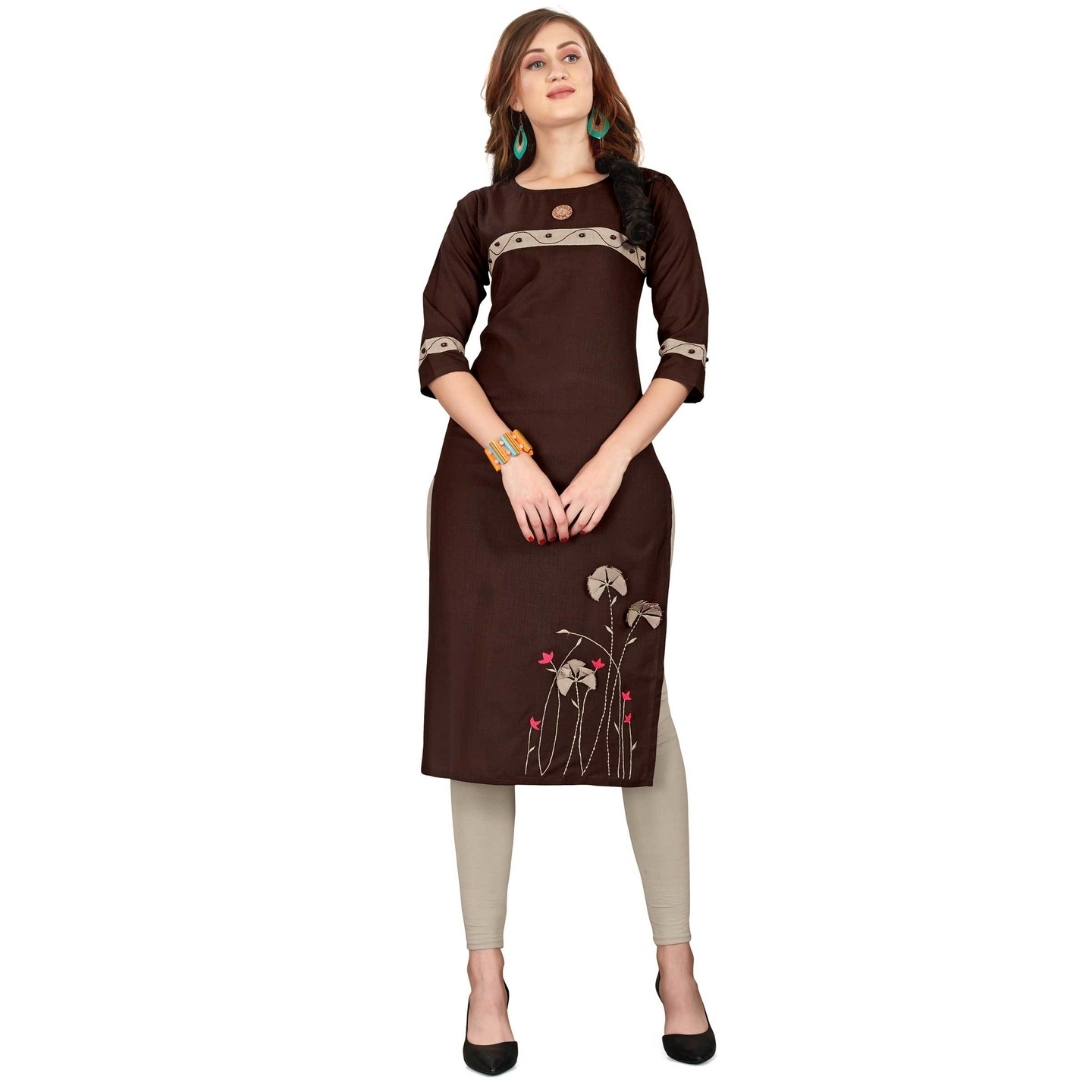 Brown Cotton Blend Plain Straight Party Wear Readymade kurti