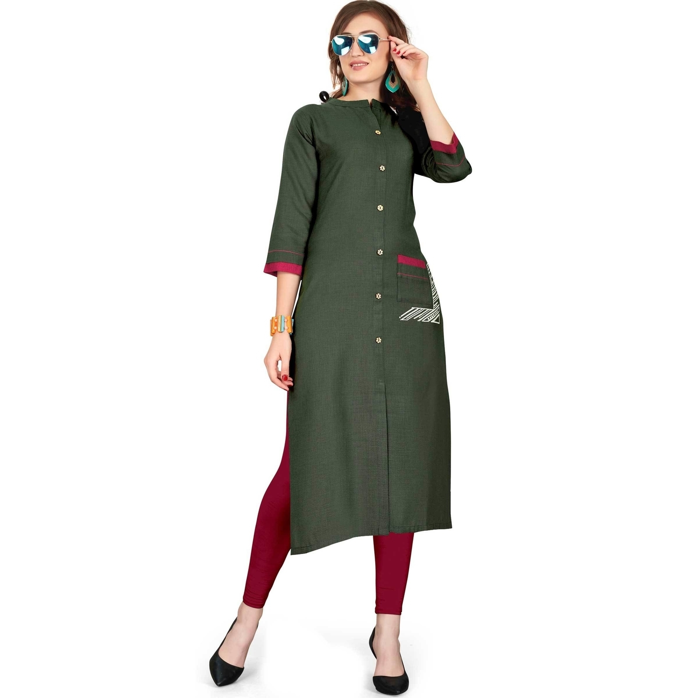 Green Cotton Blend Plain Straight Party Wear Readymade kurti