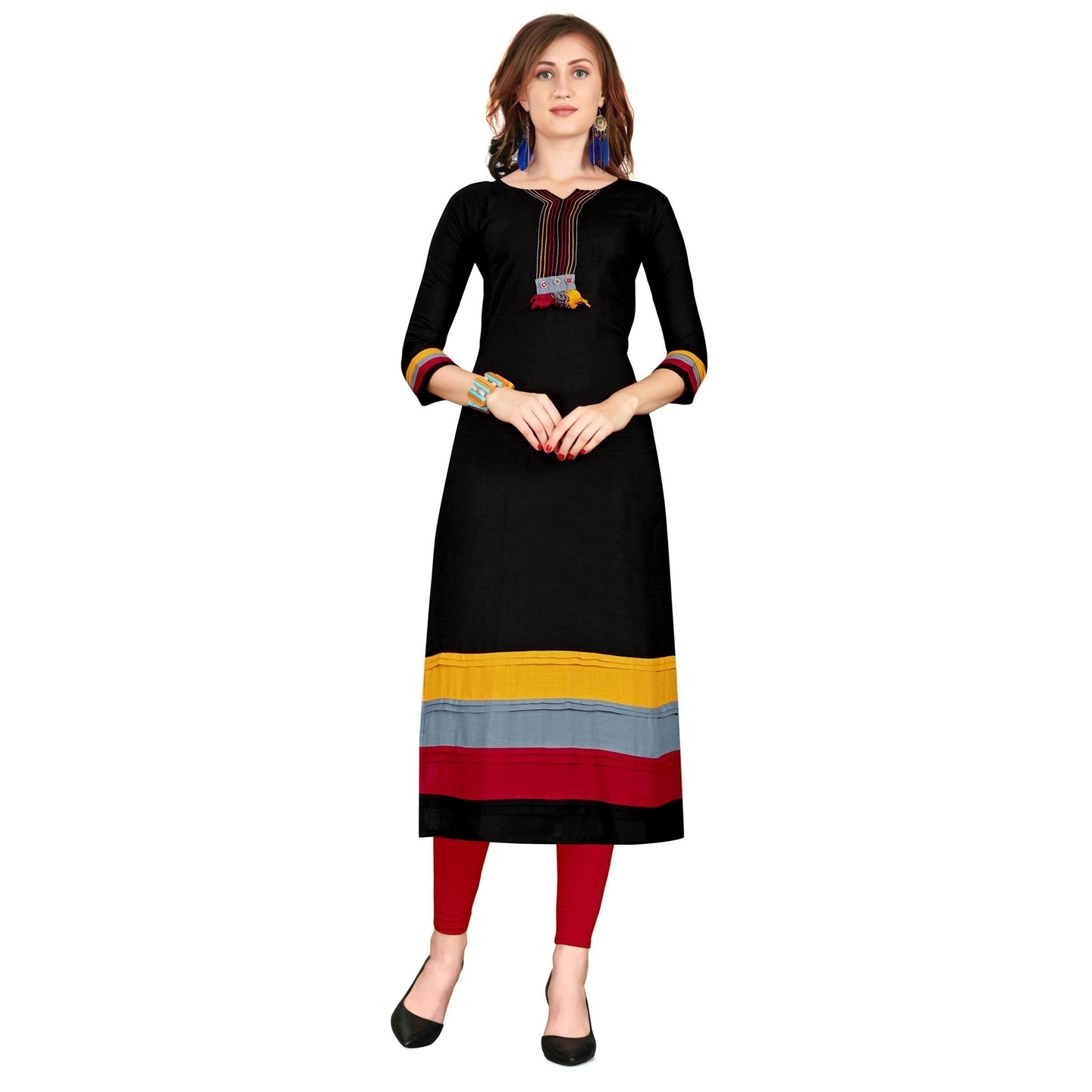 Black Cotton Blend Plain Straight Party Wear Readymade kurti