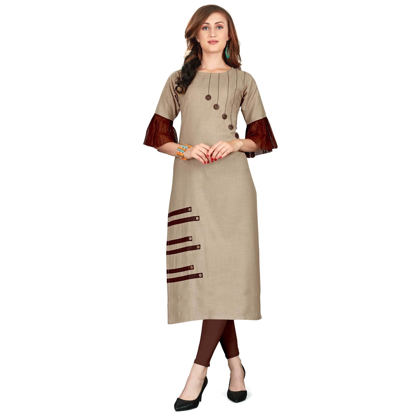 Beige Cotton Blend Plain Straight Party Wear Readymade kurti