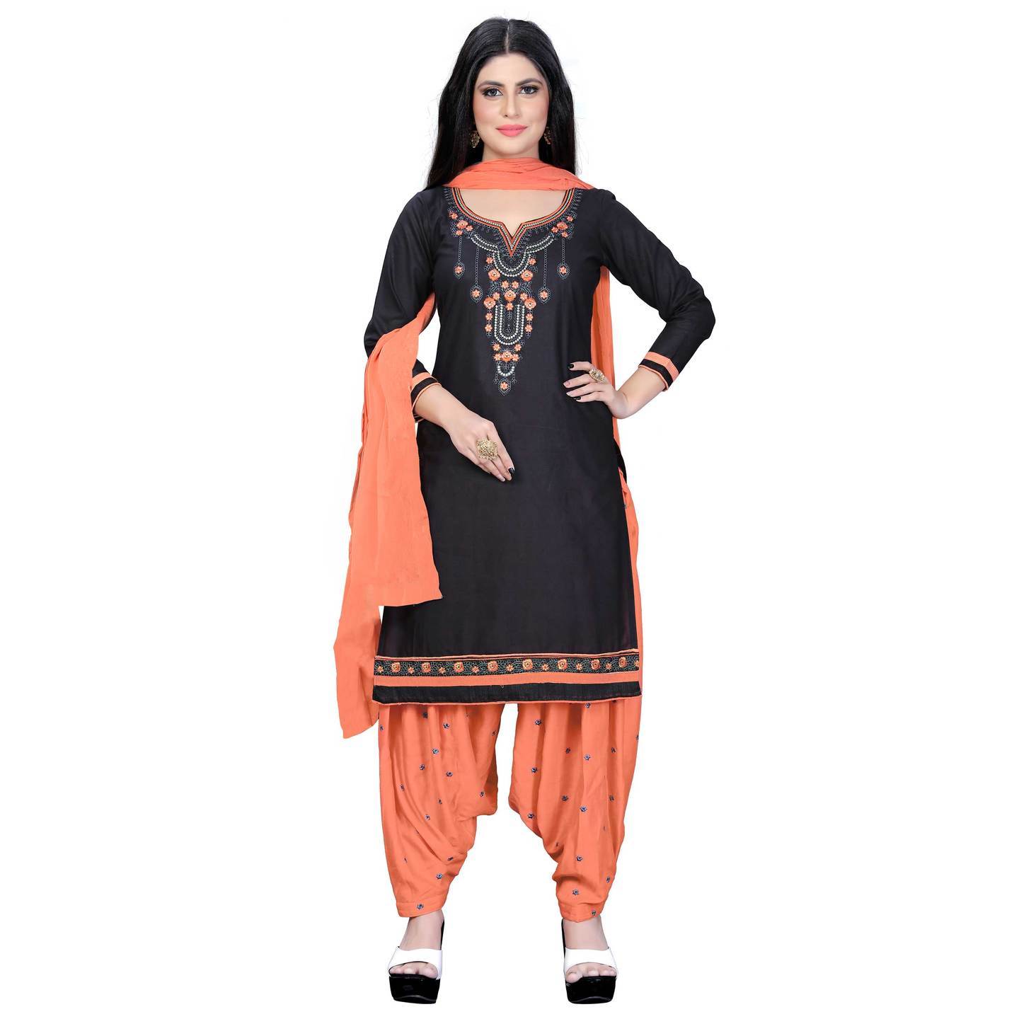 Ticknmart Cotton Peach Embroidery Unstitched Salwar Suit Dress Material for Women