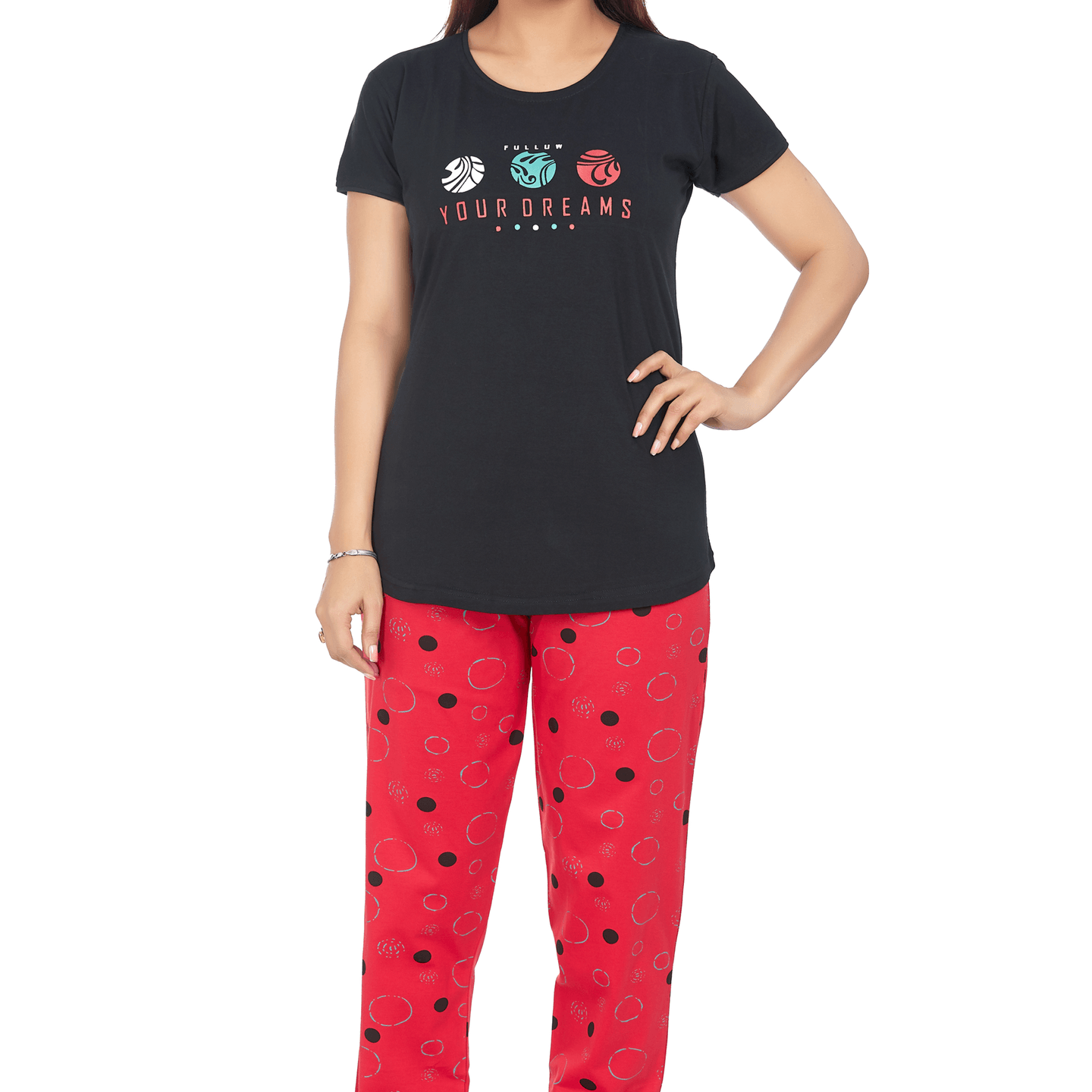 Ticknmart Womens Hosiery Cotton Night Suit (Printed T Shirt & Pajama Set)