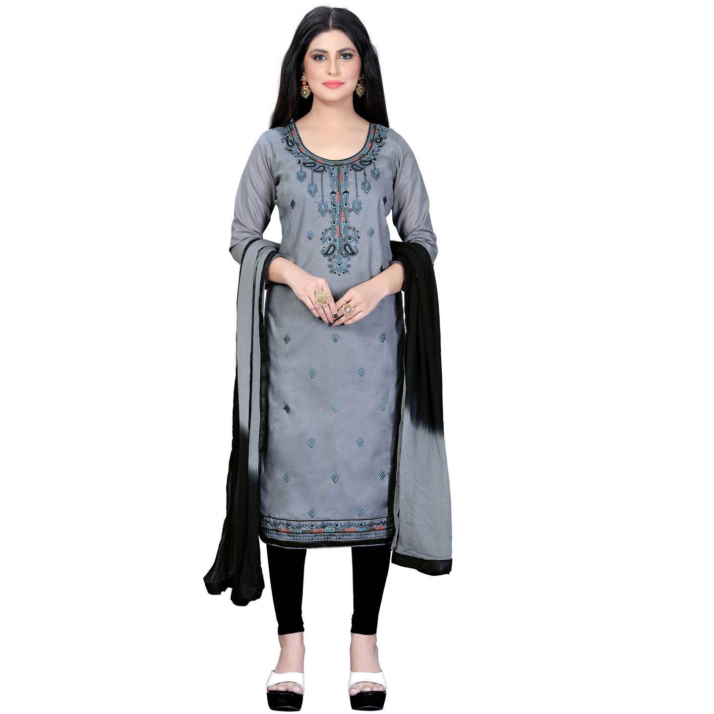 Beautiful Grey Cotton  Embroidery Unstitched Salwar Suit Dress Material for Women