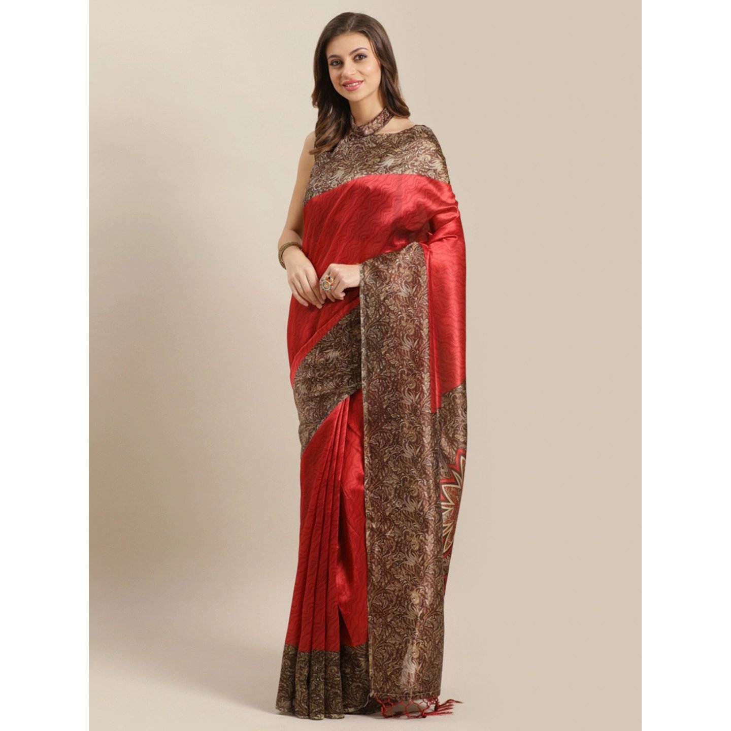 Maroon Kalamkari Printed Mysore Silk Saree With Jhalor