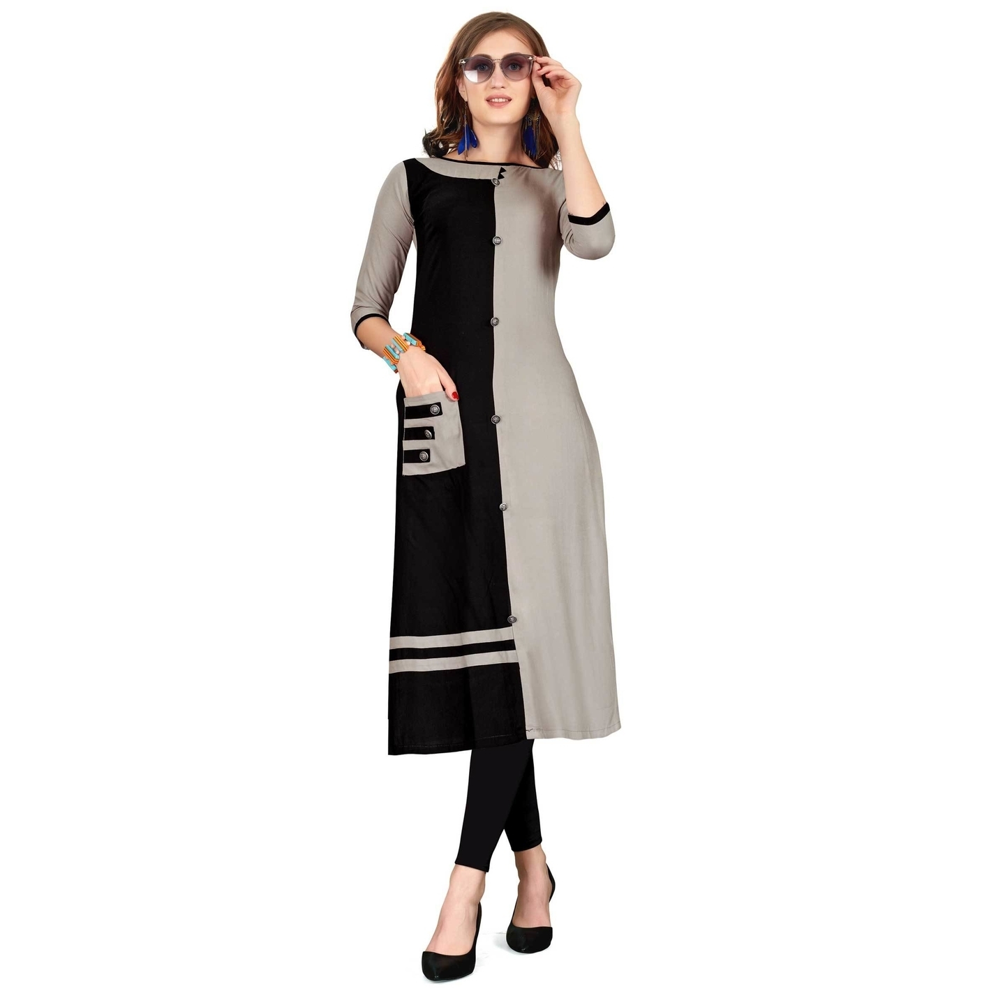 Gray, Black Cotton Blend Plain Straight Party Wear Readymade kurti