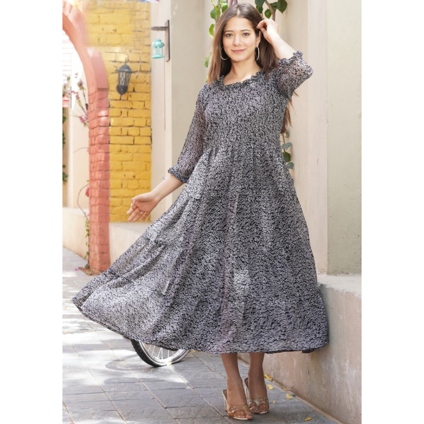 Frill Gown with Fancy Neck and Sleeves