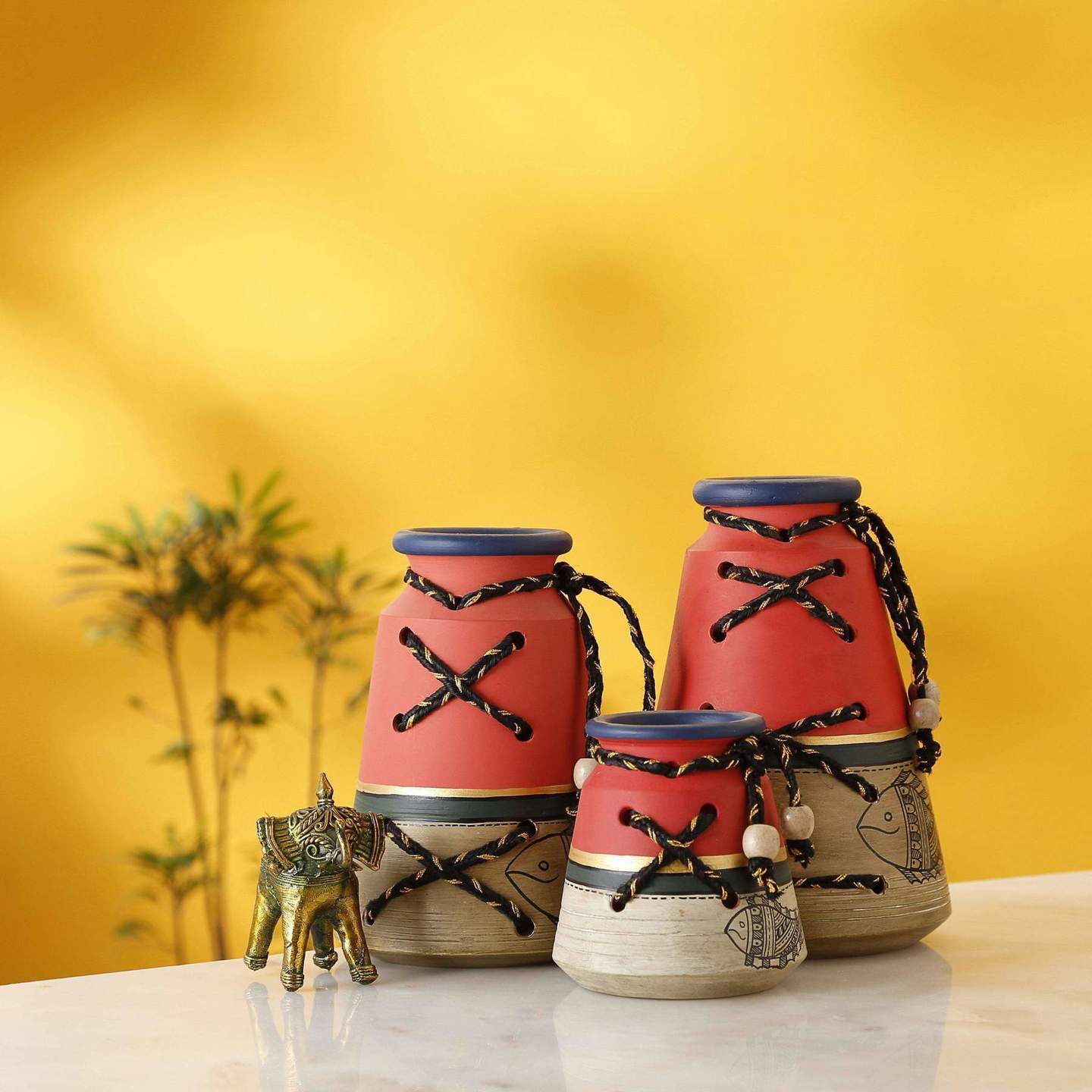 Earthen Warli Painting Vases | Home Décor|Table Top Vases| Small Vases| Set of 3