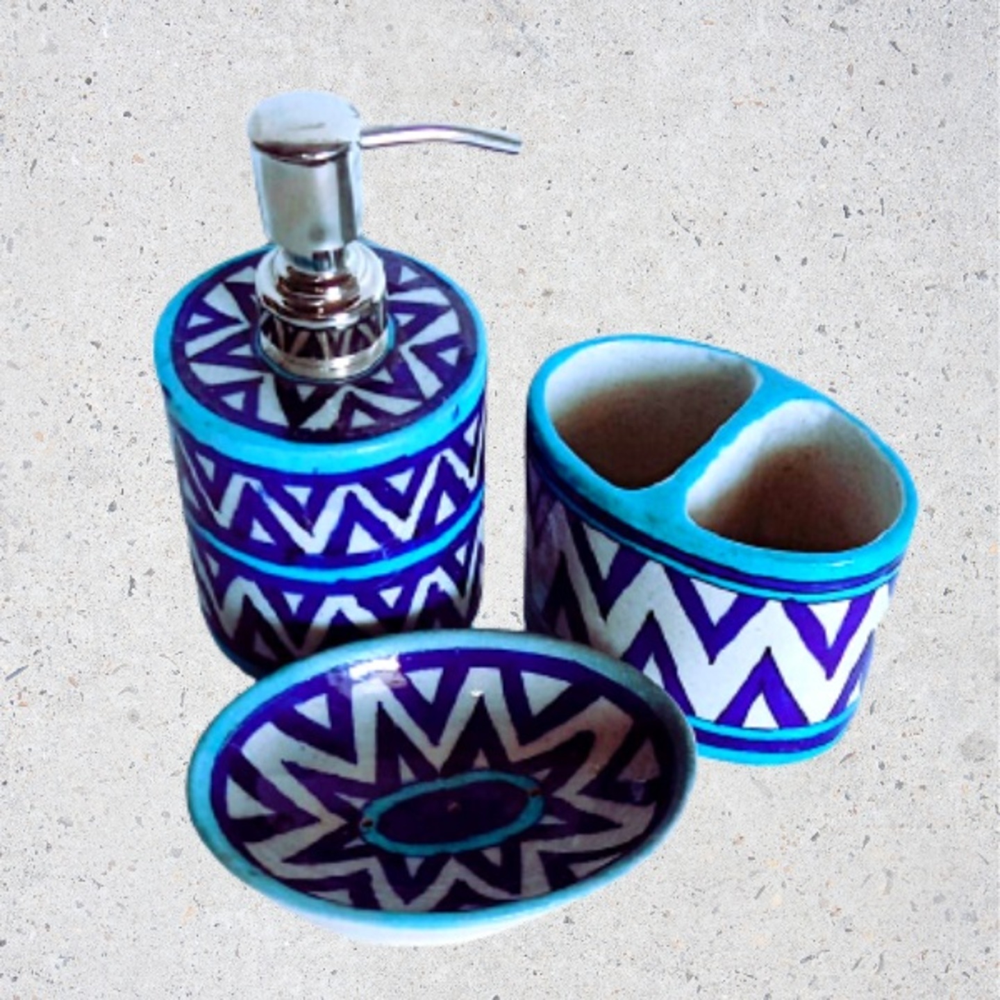 Blue Pottery Ceramics Hand Painted Bathroom Hand wash Set (Set of 3)