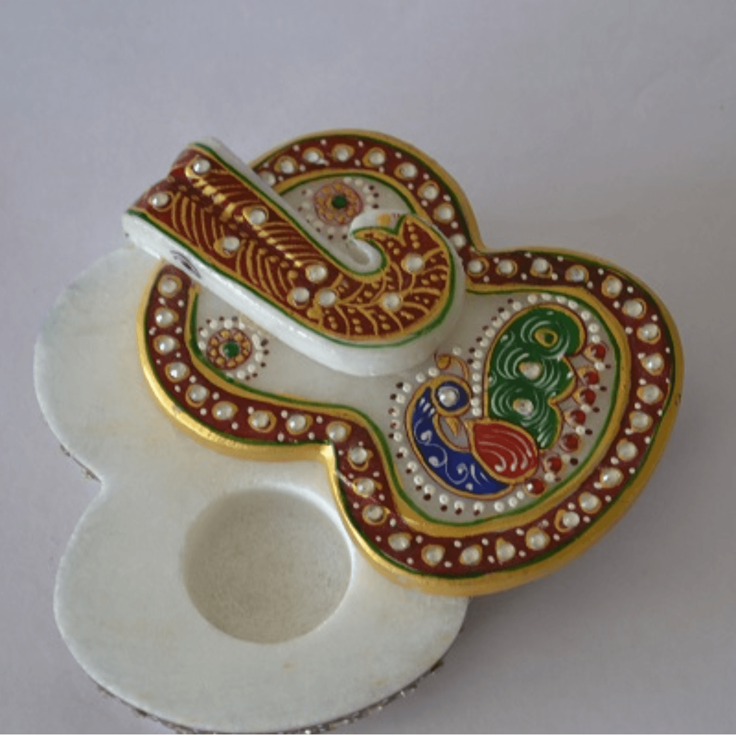Marble Ganesha Shaped Stone Studded Roli Sindoor Box (Marble Chopra)(4 x 10 x8 cm)