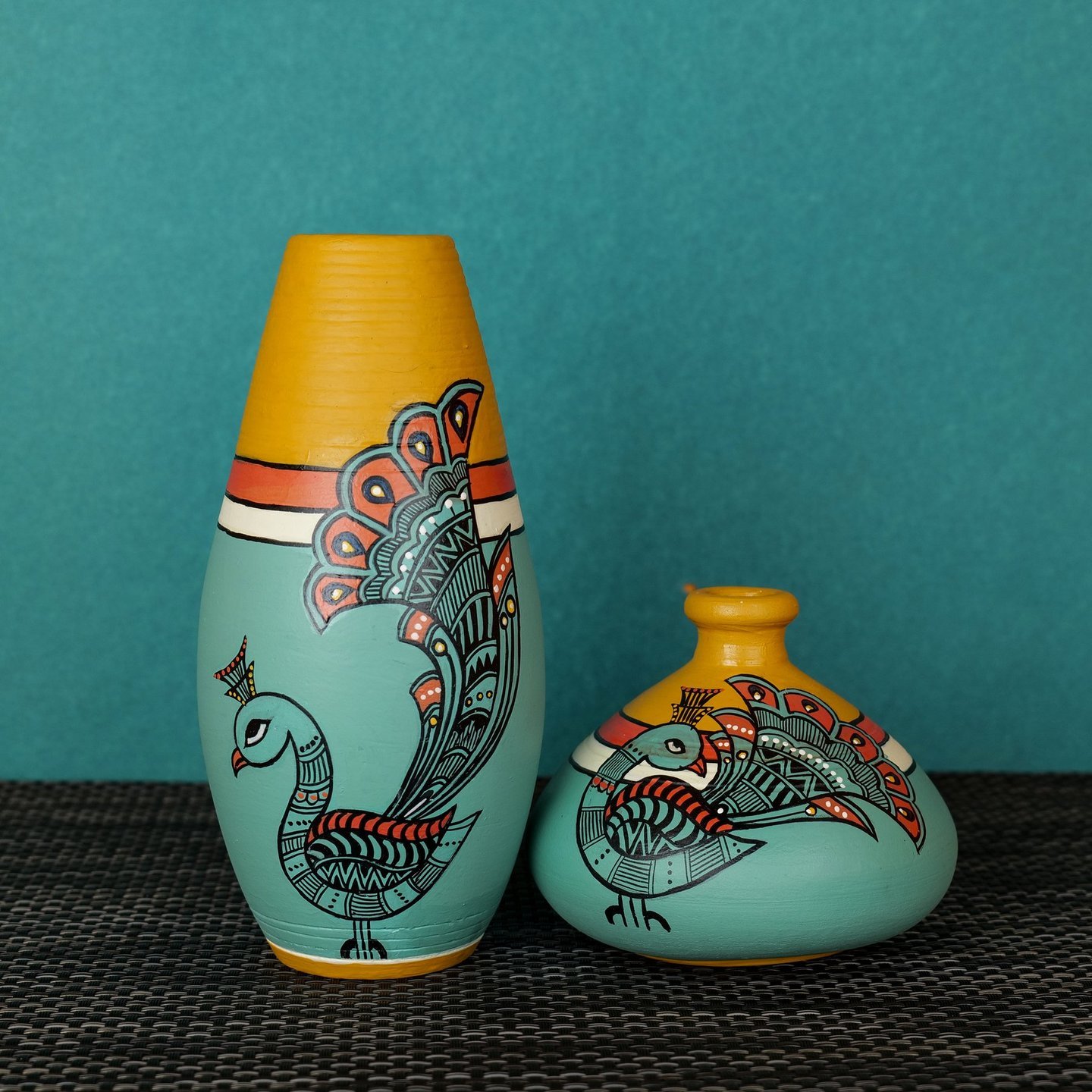 Madhubani Hand Painted Sea Green Terracotta Decorative Vases | Handcrafted Earthen Vase (Set of 2)