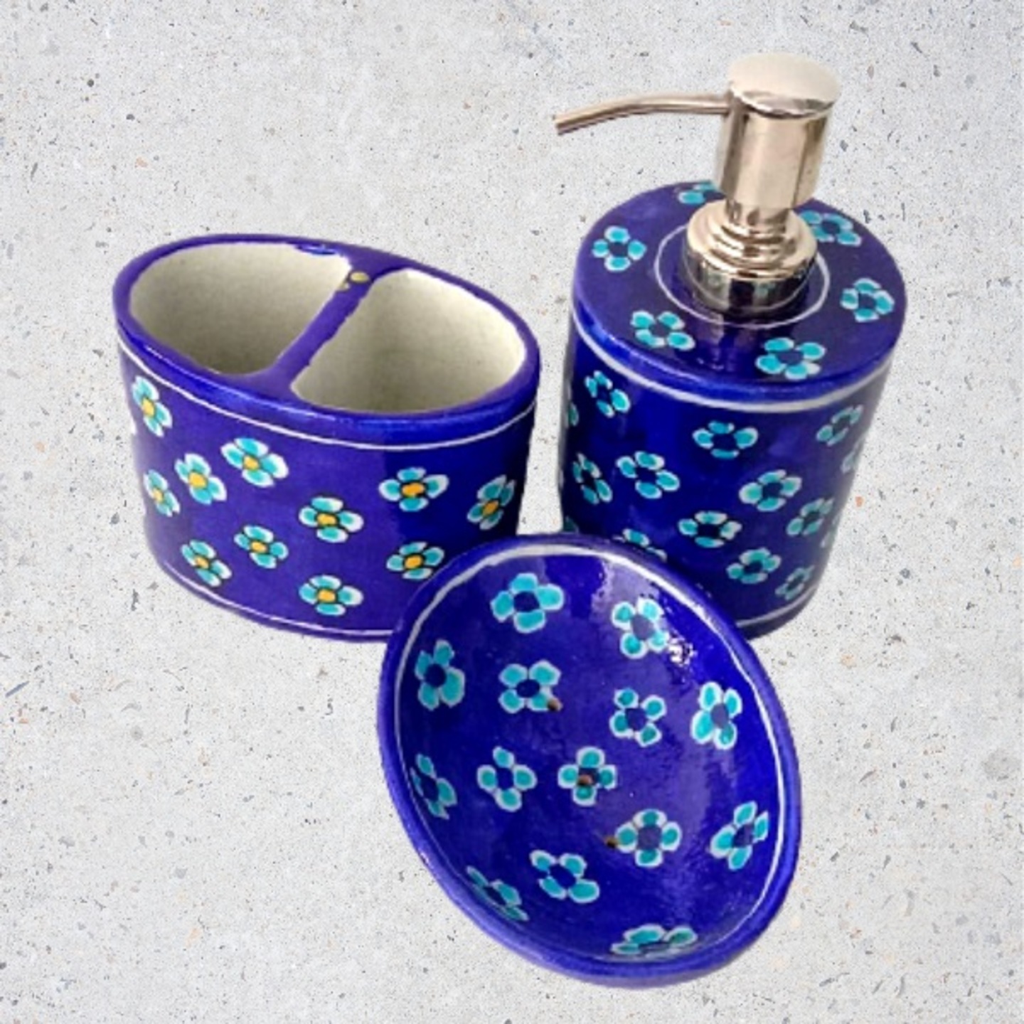Blue Pottery Ceramics Hand Painted Bathroom Hand wash Set (Set of 3)