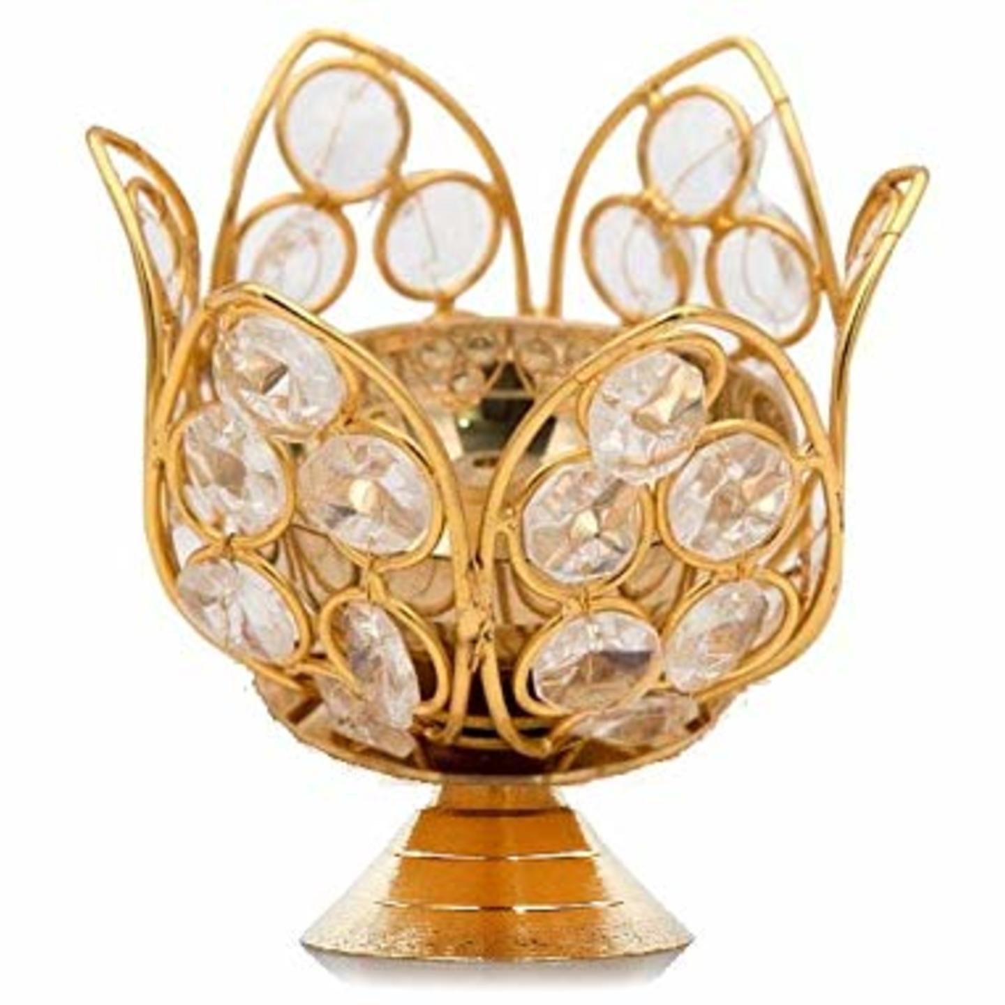 Crystal Gold Lotus Akhand Diya | Traditional Kamal Handmade Tea Light Holder for Deepavali