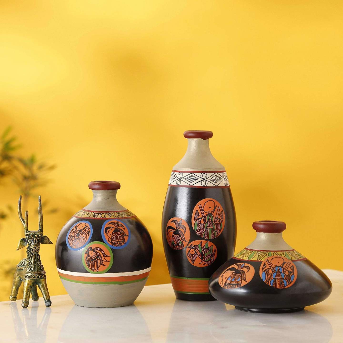 Handcrafted Earthen Terracotta Warli Painting Vase for Home Décor - Set of 3| Vases Home Decor