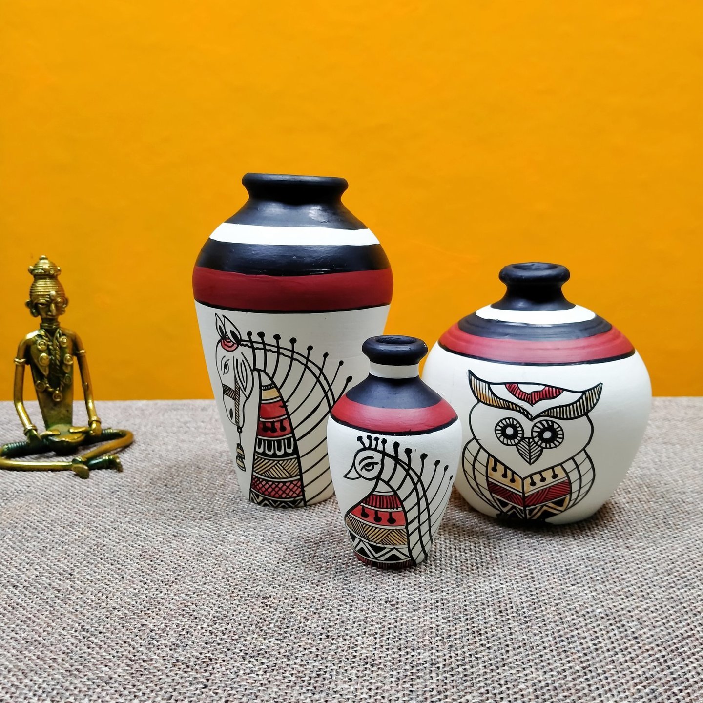 Set of 3 Hand Painted White Decorative Terracotta Pots