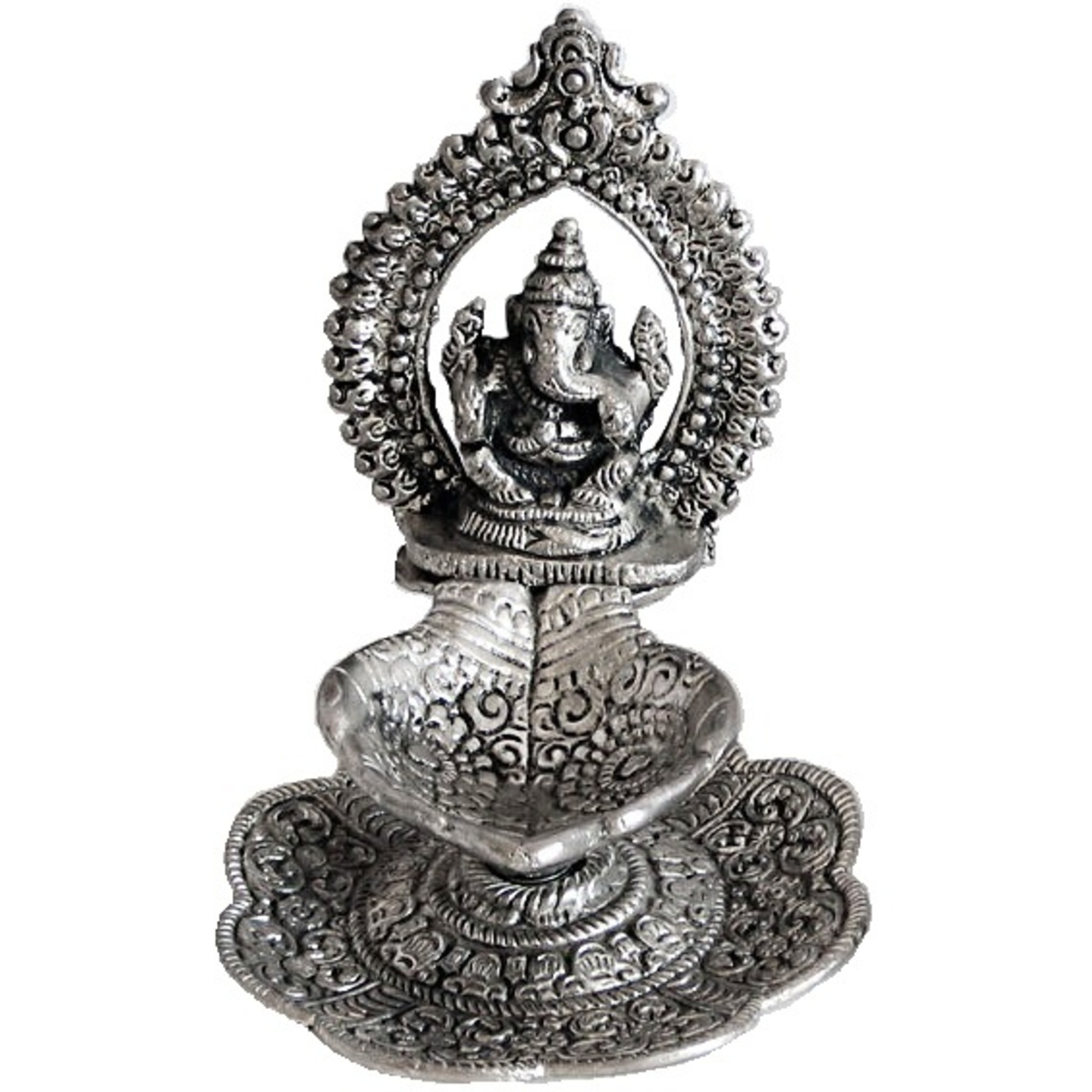 White Metal Lord Ganesha with Palm Diya