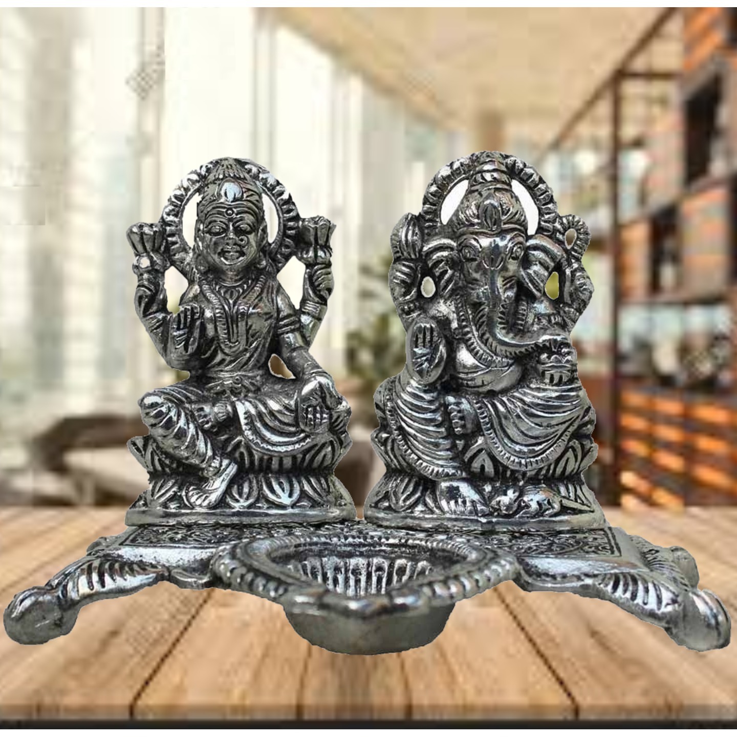 Oxidized White Silver Metal Lord Laxmi Ganesha Idol With Diya