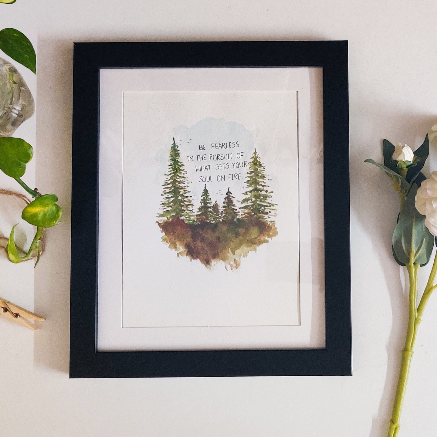 Fearless  Framed watercolor forest illustration with quote A5 size paper