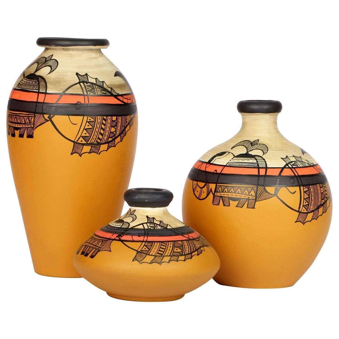 Hand-Painted Terracotta Earthen Vases Set of 3 | Table Top Vases | Vases Home Decor
