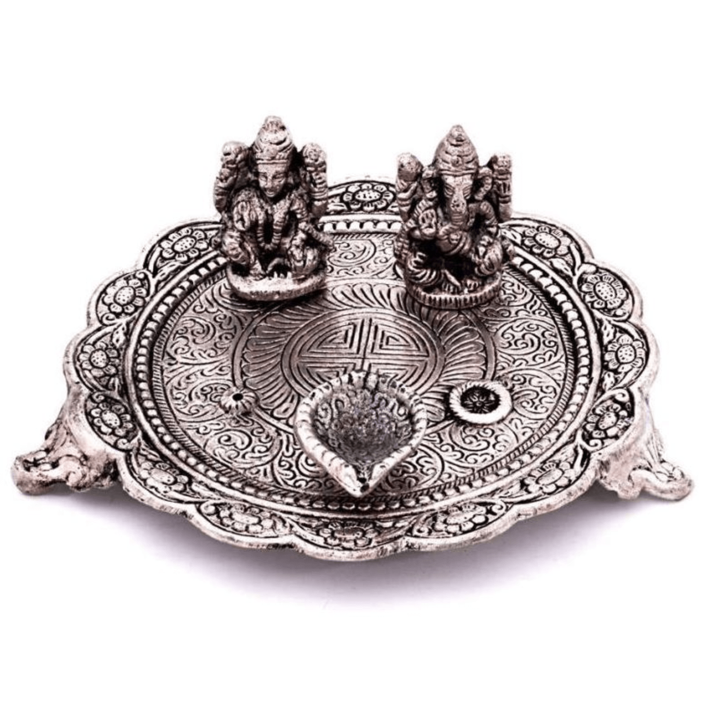 Antique White Metal Laxmi Ganesh Thali with Deepak (22 x 22 x9 cm)