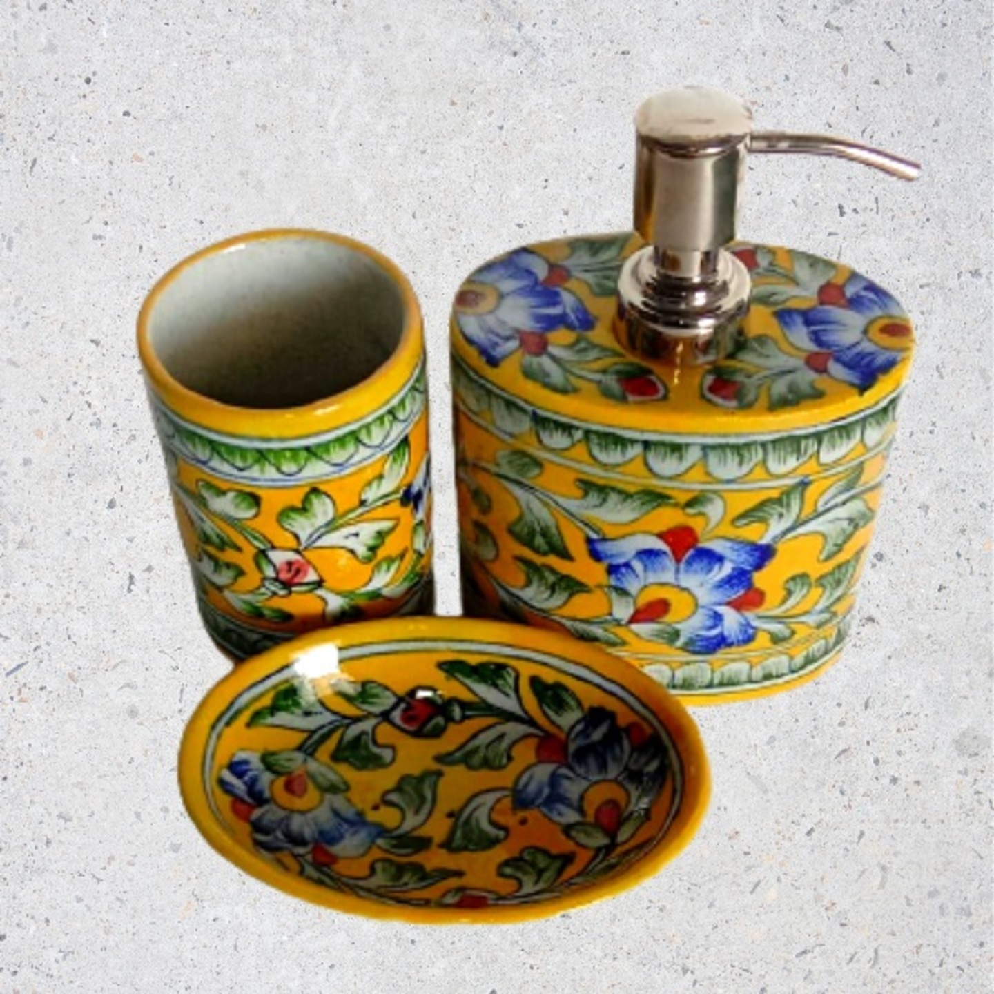 Blue Pottery Ceramics Hand Painted Bathroom Hand wash Set (Set of 3) - Yellow