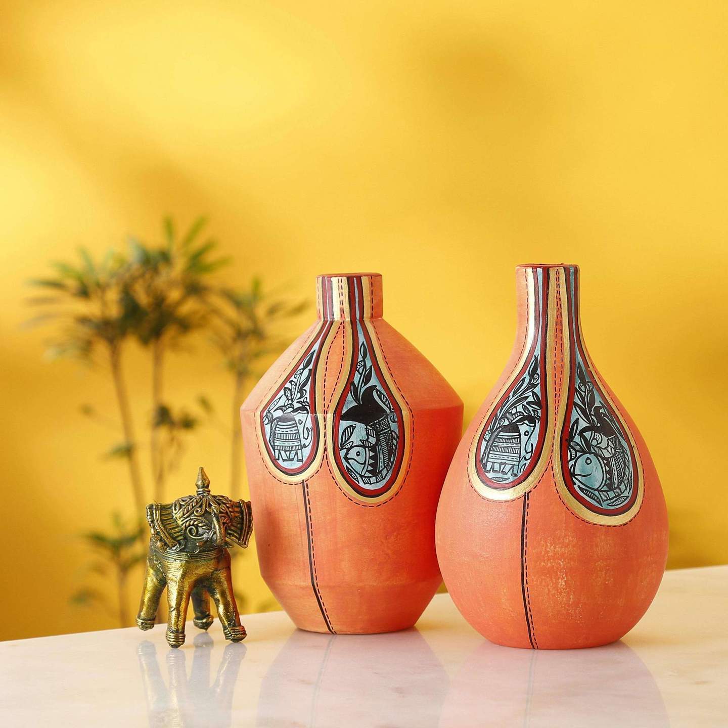 Handcrafted Terracotta Warli Painting Flower Vase for Home Décor| Set of 2 | Small Pots