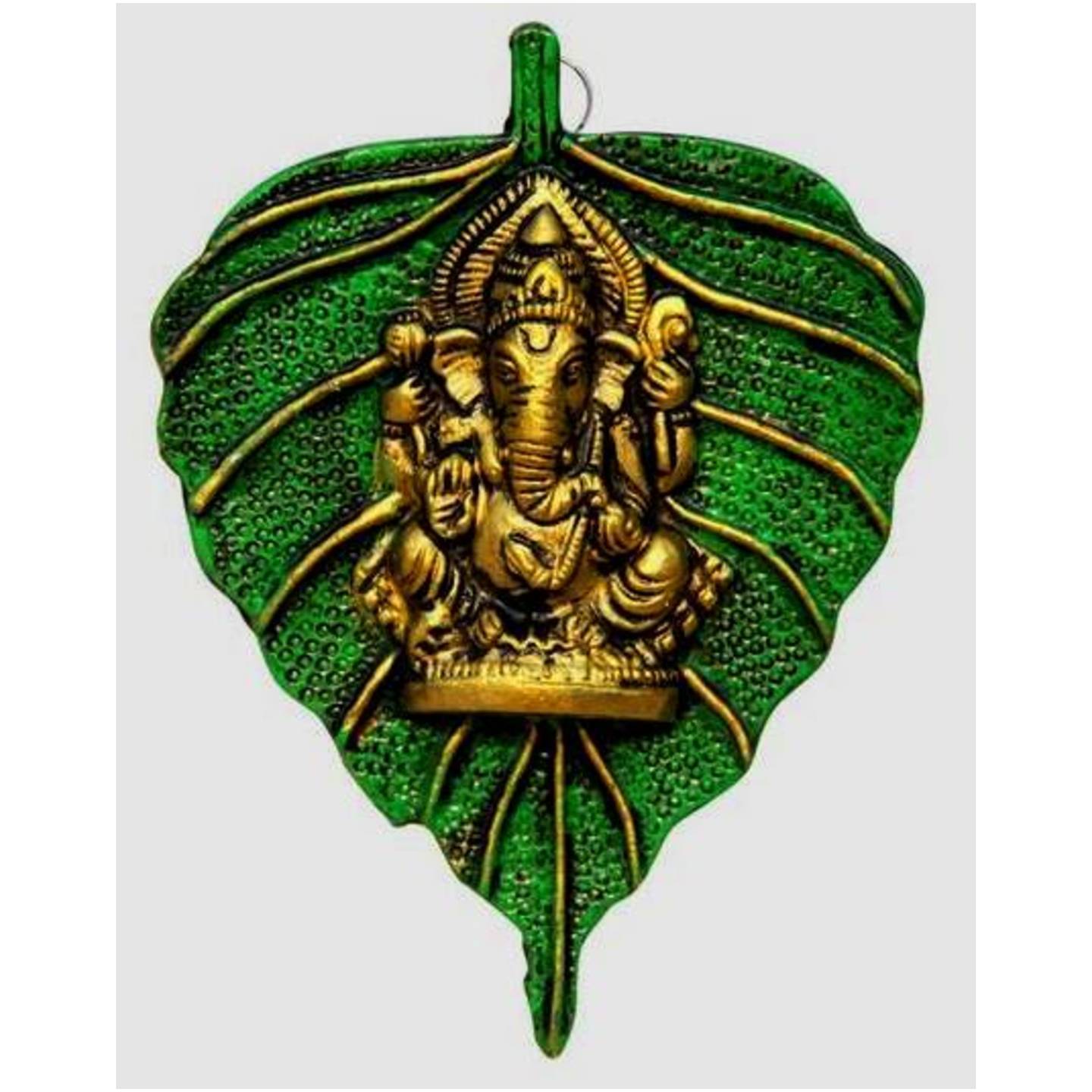 White Metal Lord Ganesha On Green Leaf