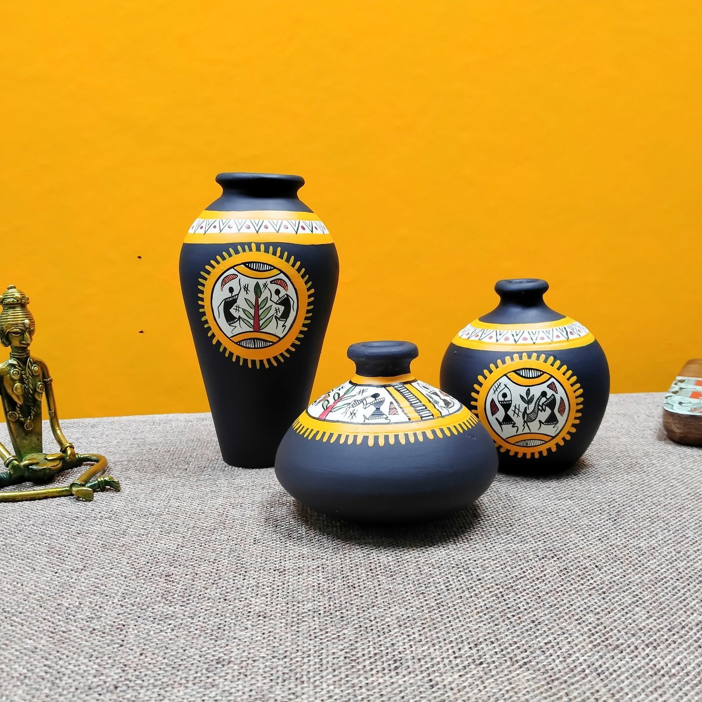 Set of 3 Black Warli Terracotta Decorative Vases