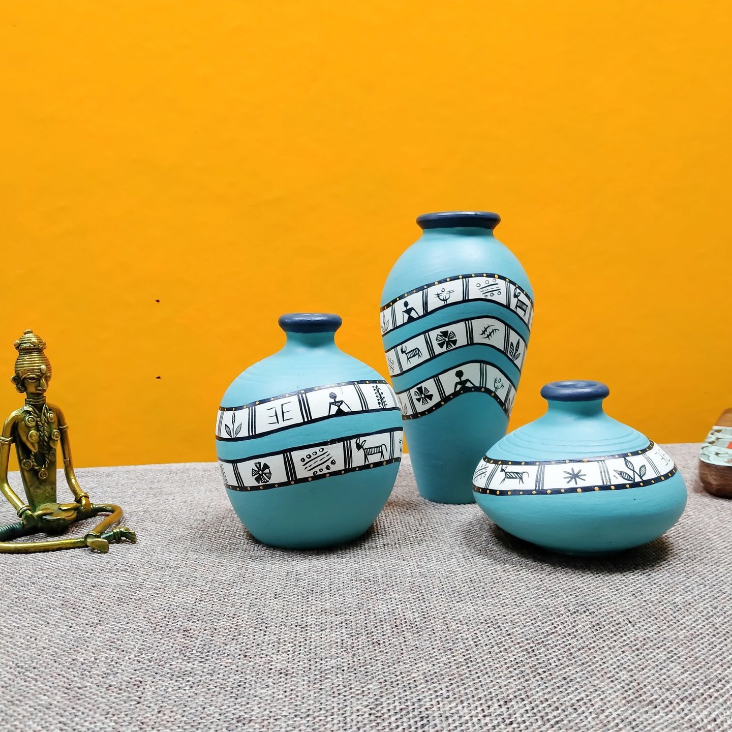 Set of 3 Turquoise Terracotta Pots for Home Decor
