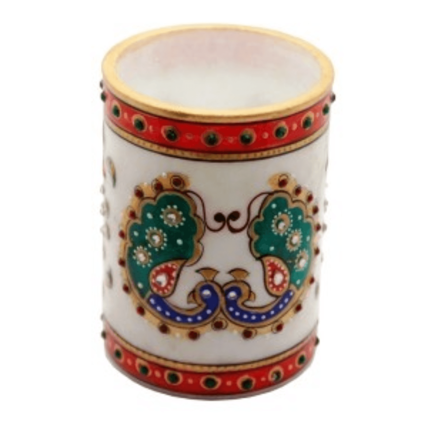 White Marble Pen Stand with Rajasthani meenakari Painting Pen Pencil Organizer (10 x7.5 x 7.5 cm)