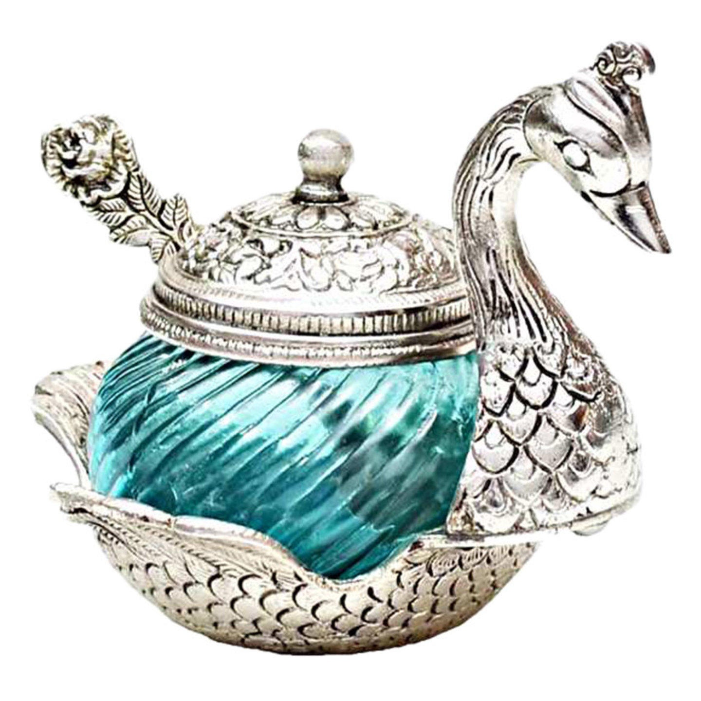Oxidized White Metal China Duck Bowl with Spoon
