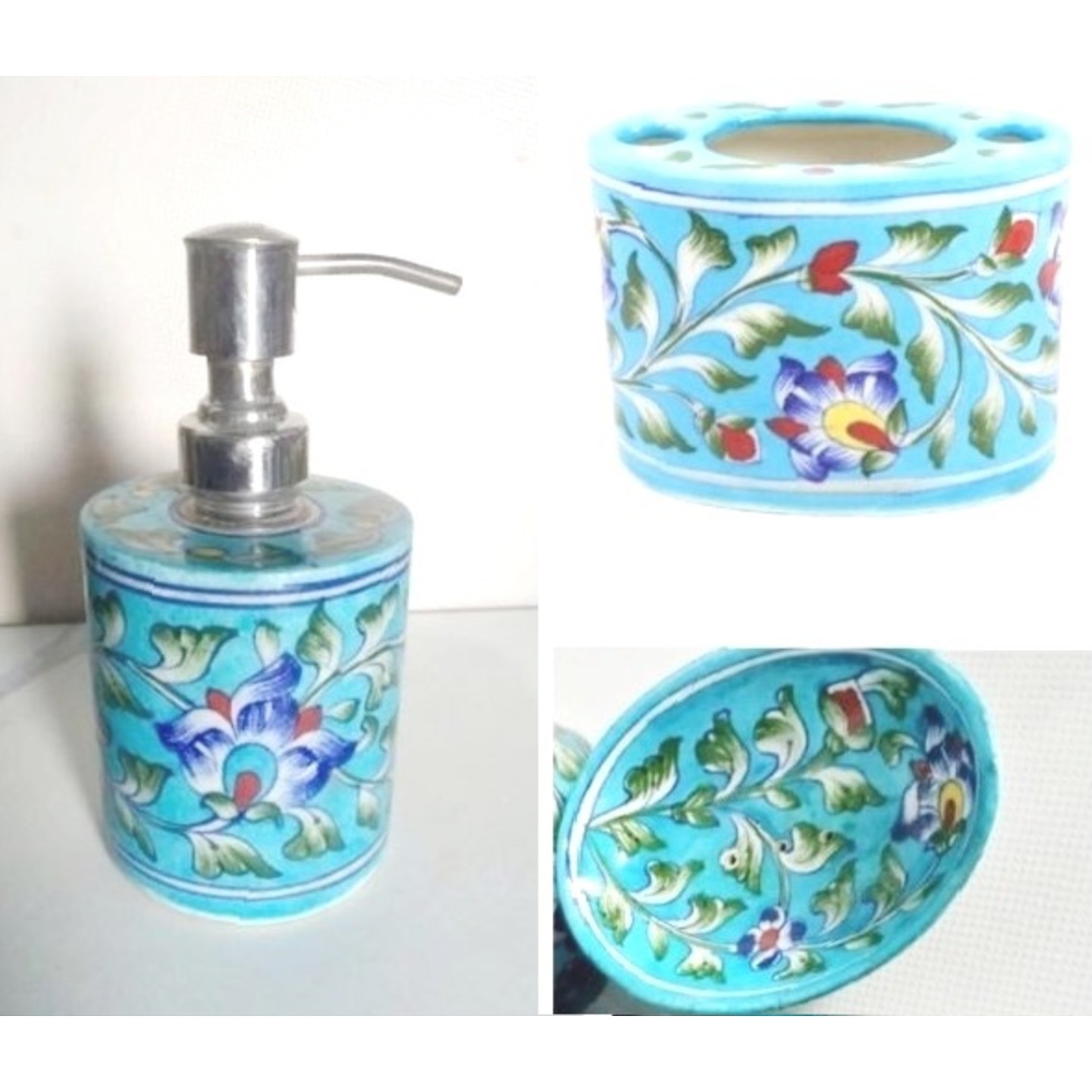 Blue Pottery Ceramics Hand Painted Bathroom Hand wash Set (Set of 3)