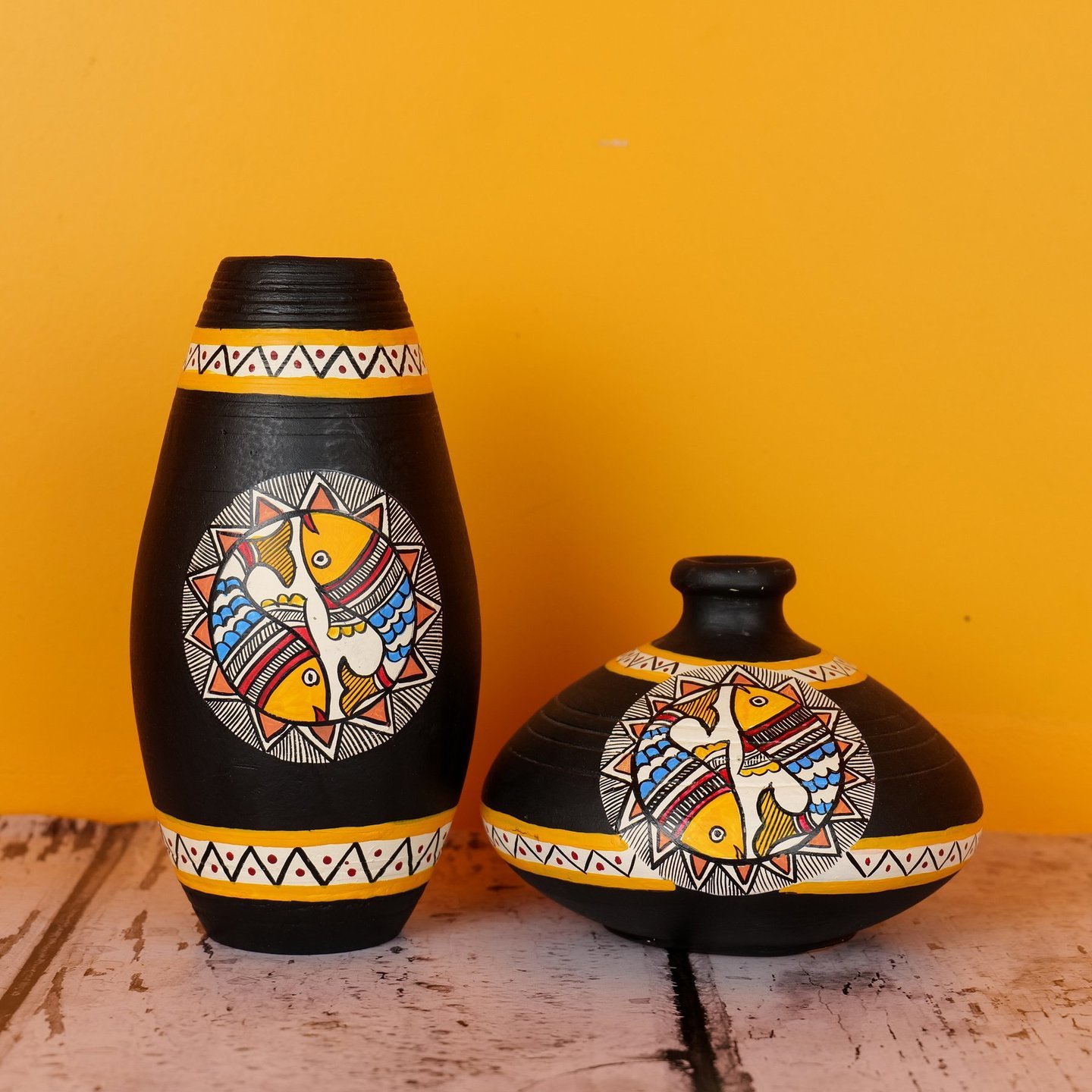 Madhubani Hand Painted Black Terracotta Decorative Vases | Handcrafted Earthen Vase (Set of 2)