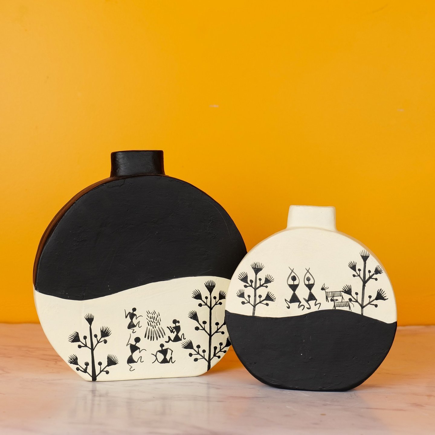 Handcrafted Earthen Terracota Vases | Warli Hand Painted Vases for Home Decor (Set of 2)