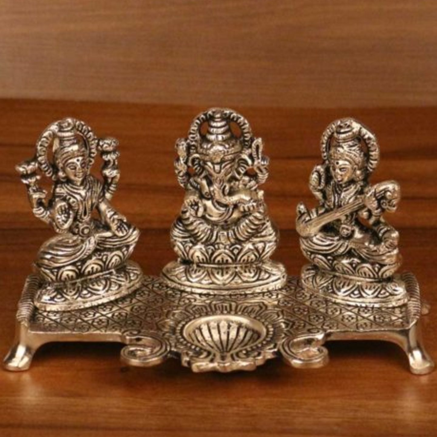 Oxidized White Silver Metal Lord Laxmi Ganesha and Maa Saraswati Idol With Diya