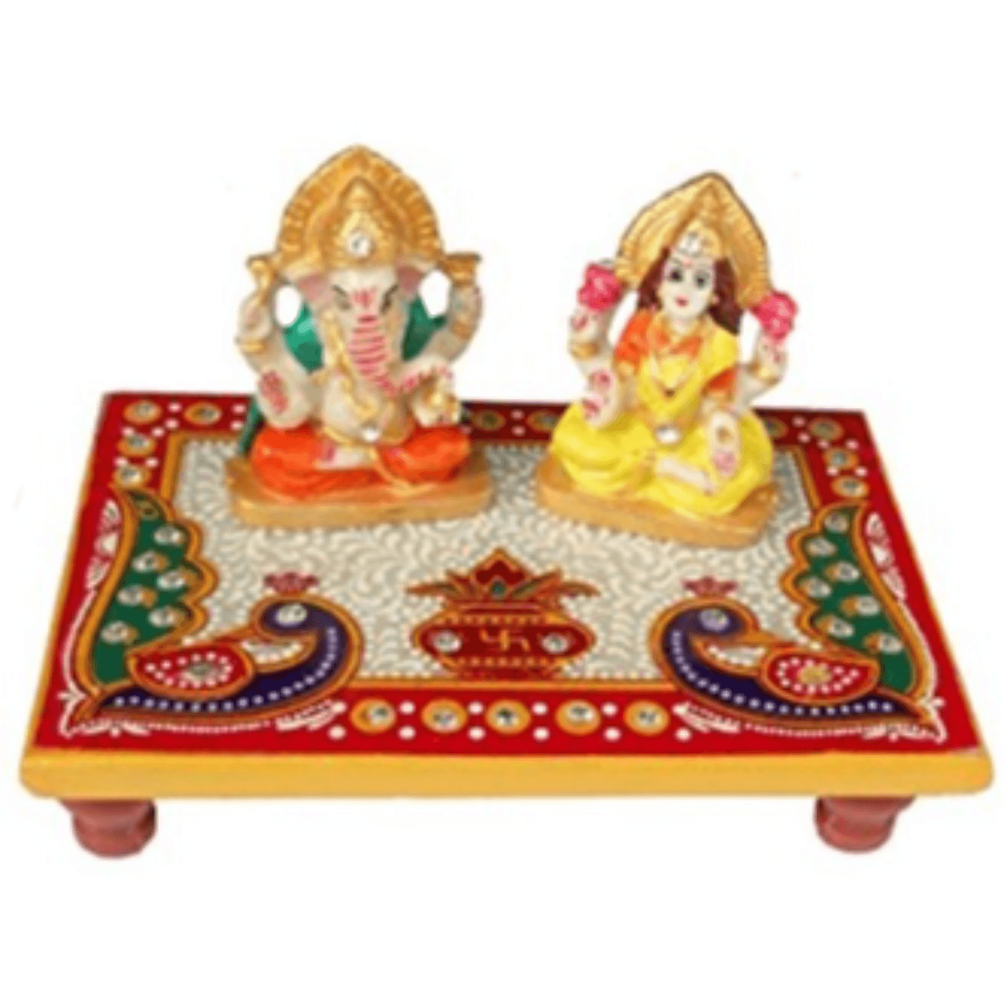 Hand Crafted Marble Laxmi ji and Ganesha Statue Sitting On Peacock Print Chowki (10 x15 x 10 cm)