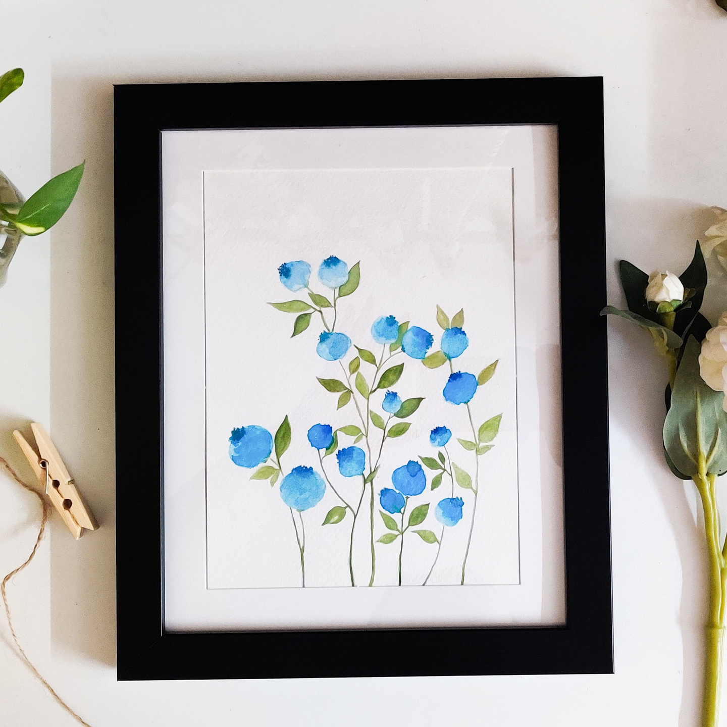 Blue buds - Framed watercolor botanical blue floral A5 size paper