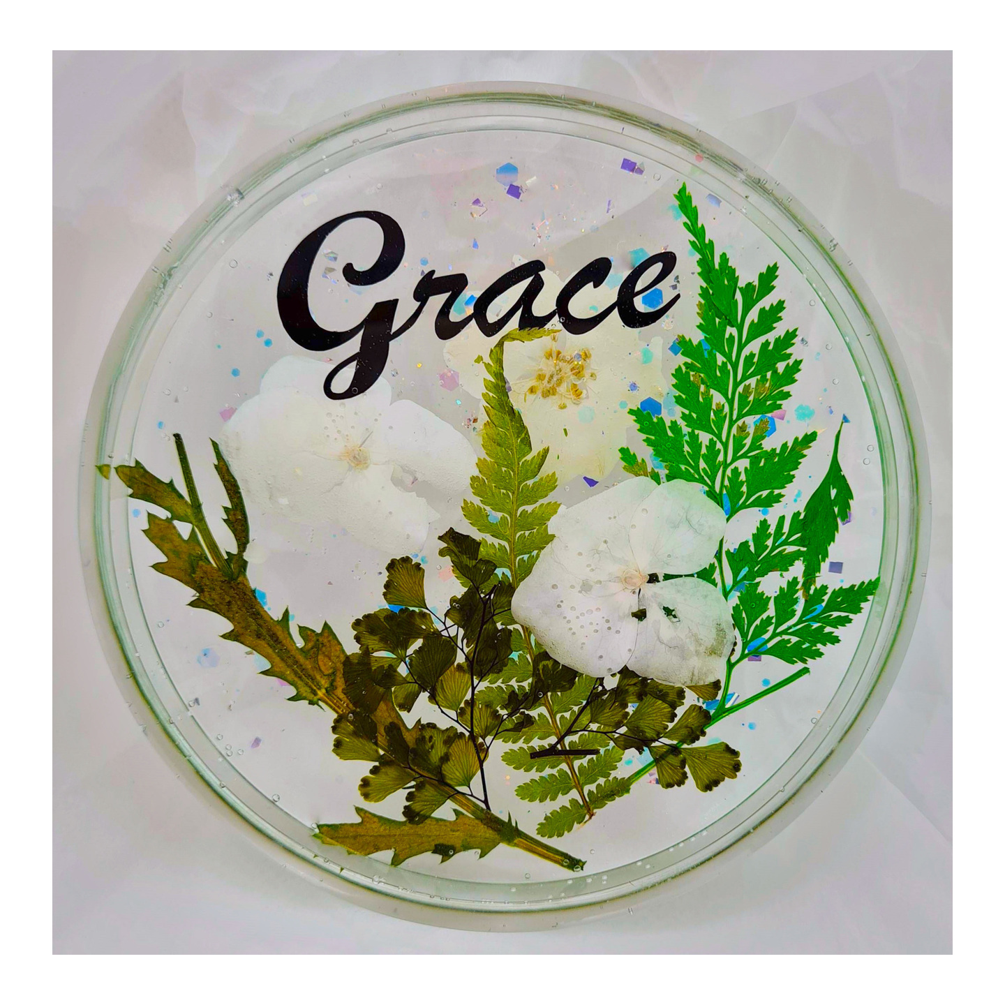 Grace  Real Pressed Flowers & Leaves Resin Coaster with an inspirational word Handmade