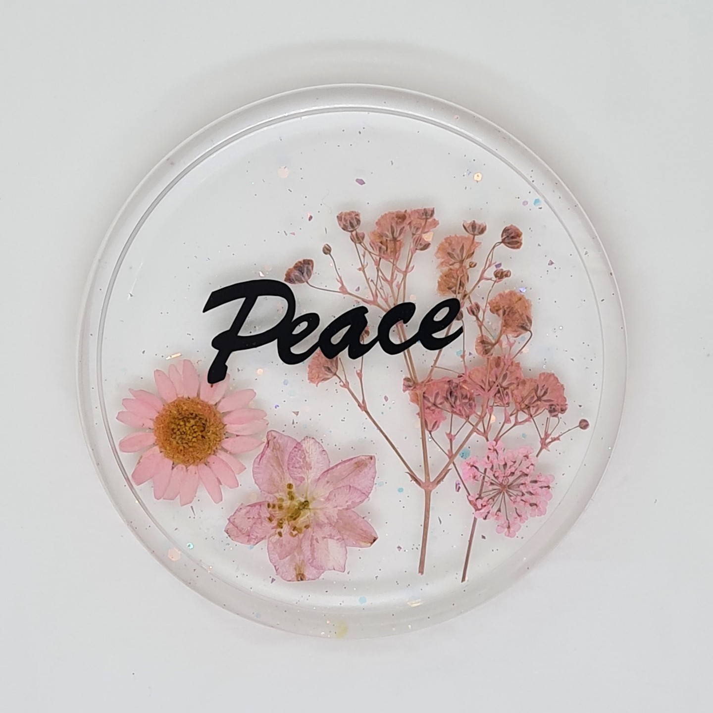 Peace   Real Pressed Flowers & Leaves Resin Coaster with an inspirational word Handmade