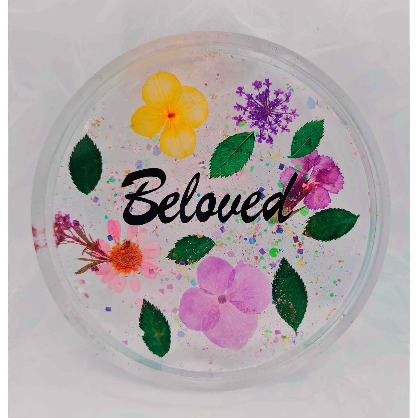Beloved   Real Pressed Flowers & Leaves Resin Coaster with an inspirational word Handmade