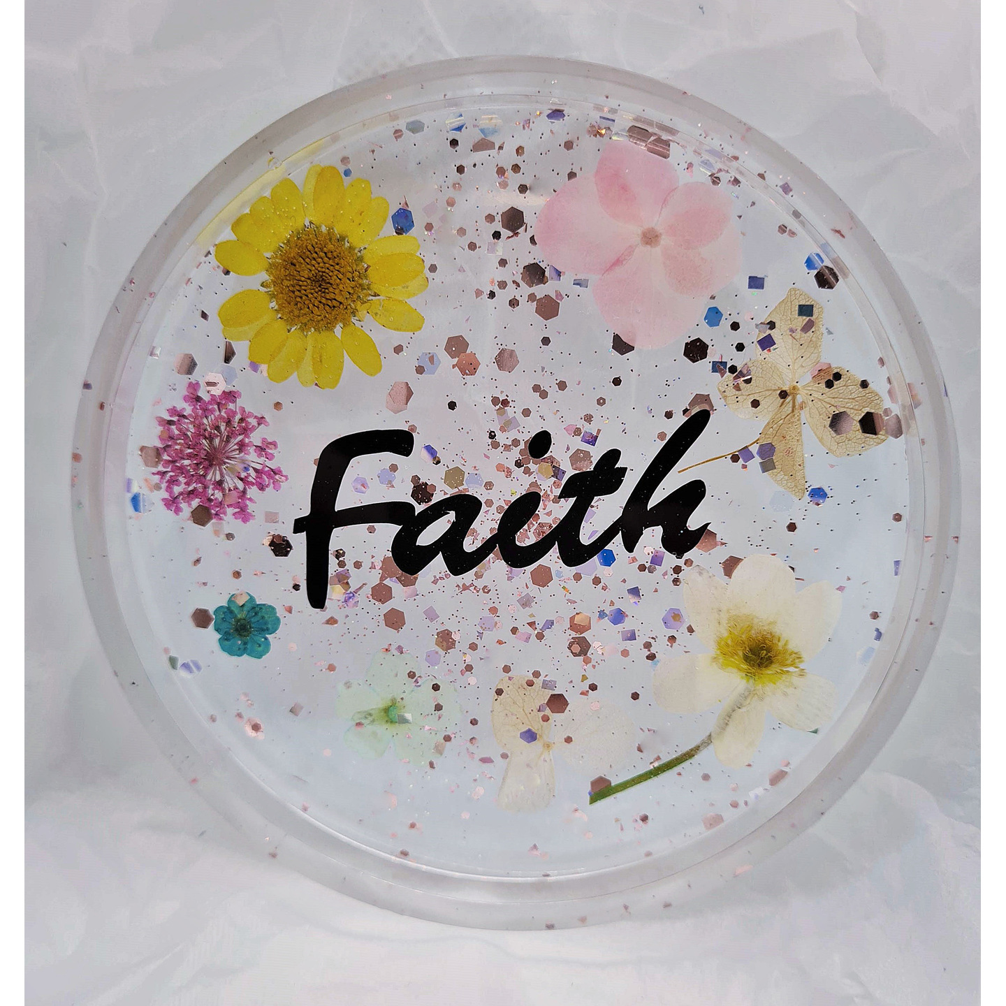 Faith  Real Pressed Flowers & Leaves Resin Coaster with an inspirational word Handmade