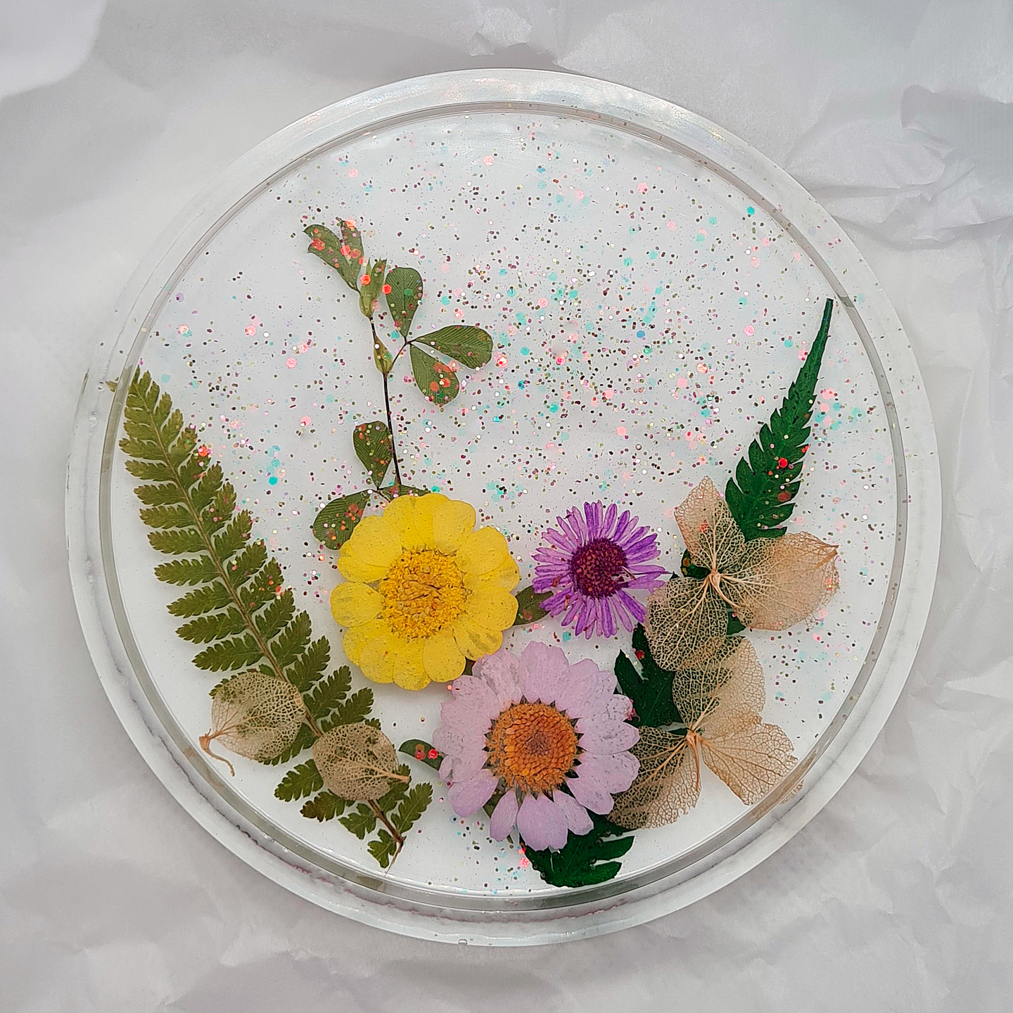 Smile 10 rim  Real Pressed Flowers & Leaves Resin Coaster  Handmade