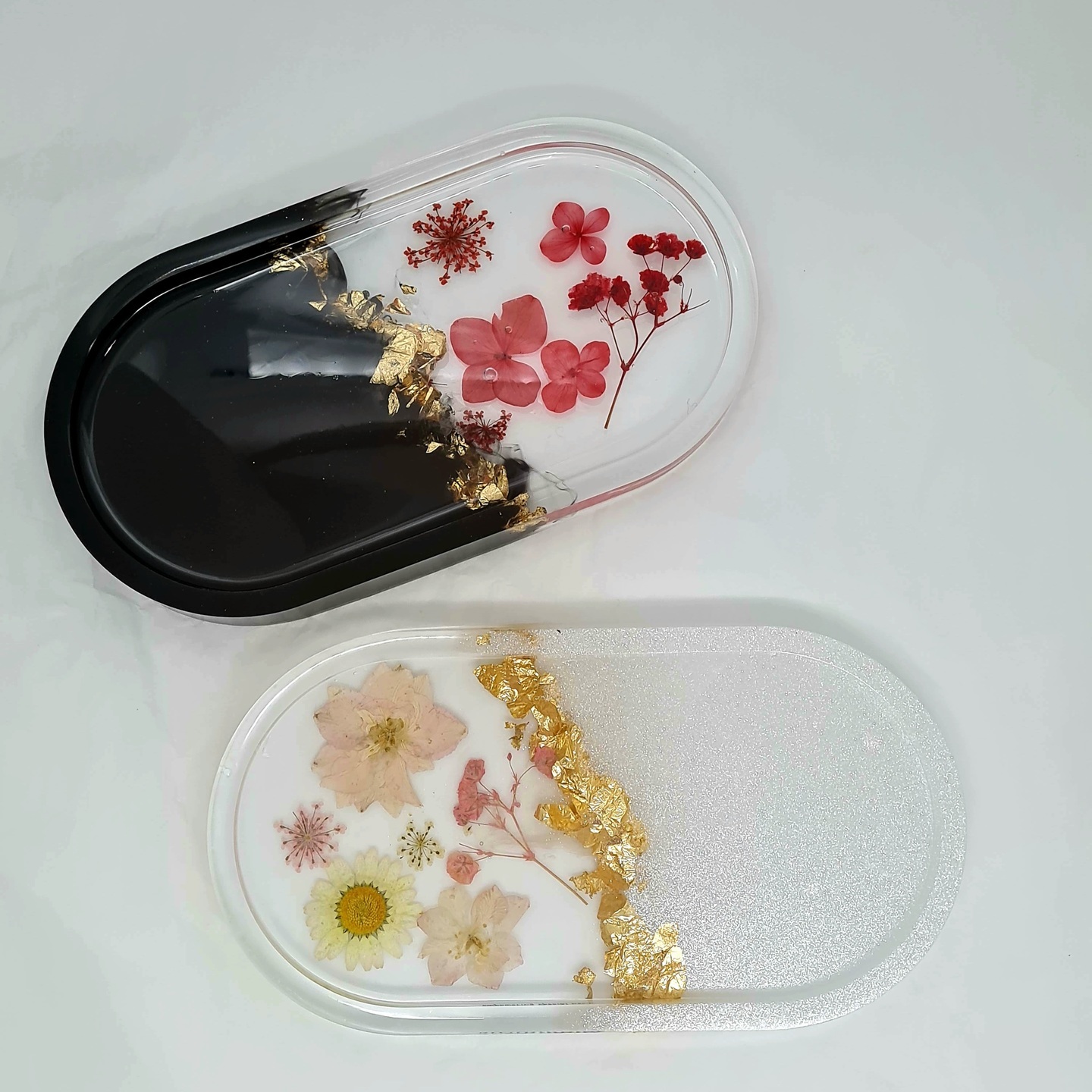 Bloom Trinket Tray  Real flowers and leaves in black or pearl with gold leaf  Handmade