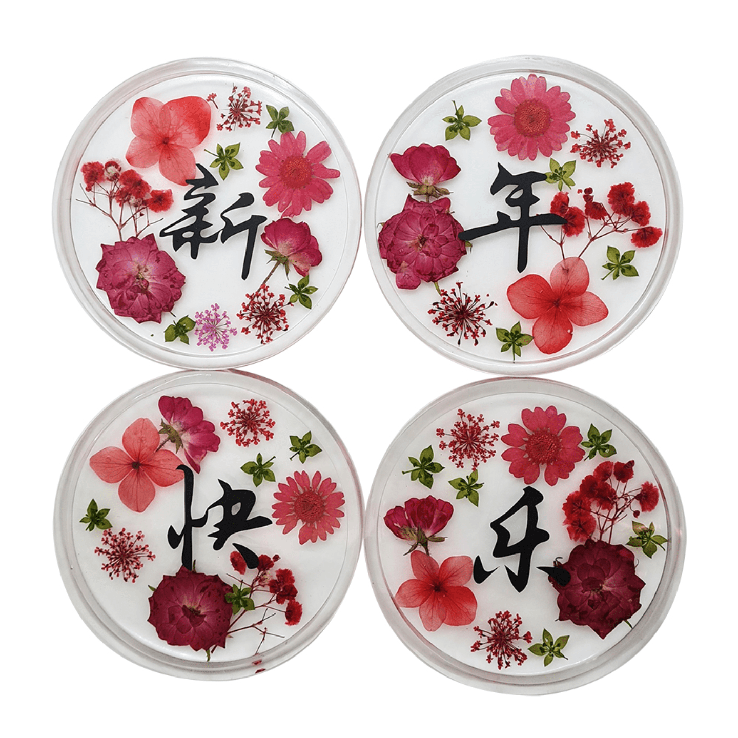 XIN NIAN KUAI LE  Real Pressed Flowers & Leaves Resin Coaster  Handmade