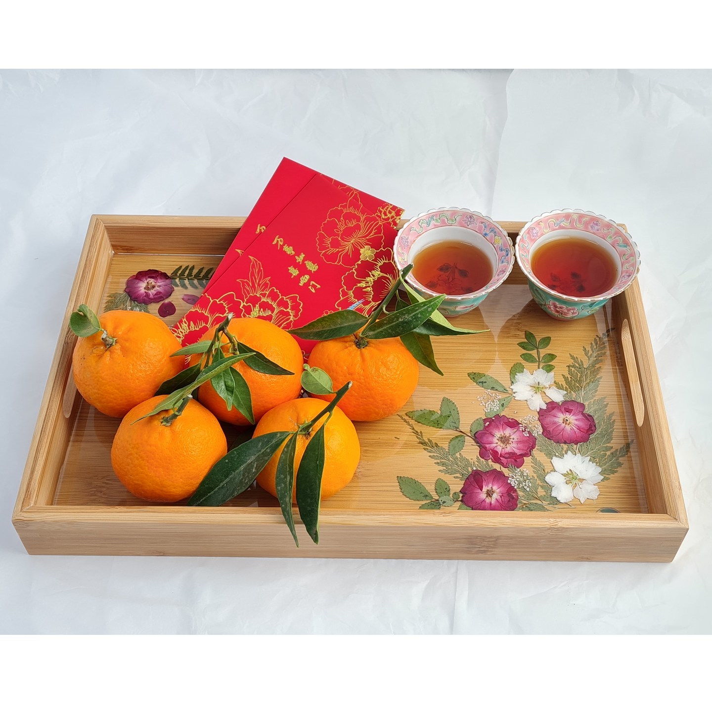 TIDINGS OF PEACE bamboo tray with handle in resin base with Real Pressed Flowers & Leaves Handmade