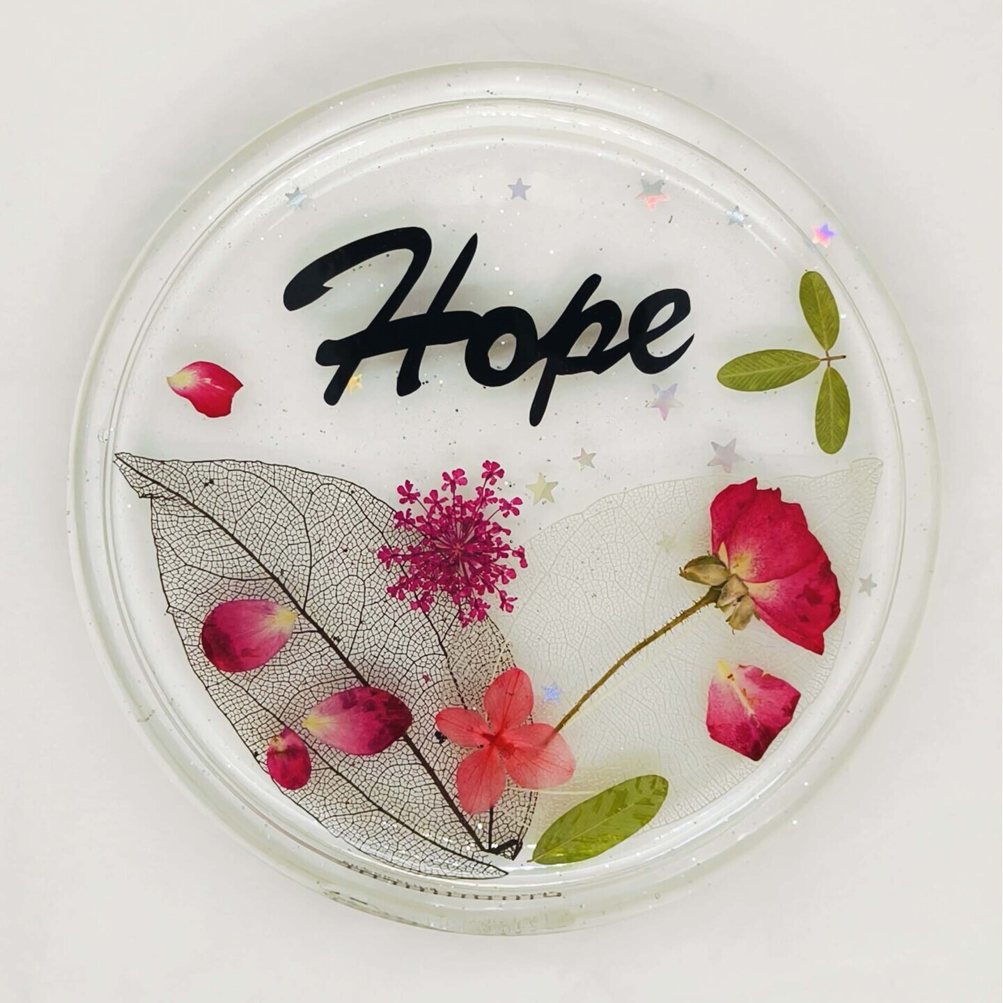 Hope |  Real Pressed Flowers & Leaves Resin Coaster with an inspirational word| Handmade 🖐️