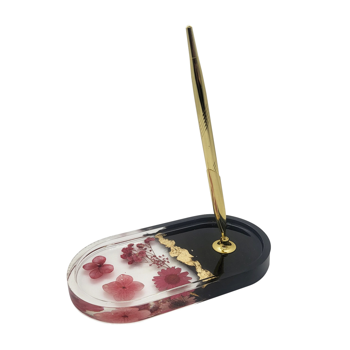 Bloom Trinket Tray with pen & pen holder Real flowers and leaves in blackpearl white with gold leaf  Handmade