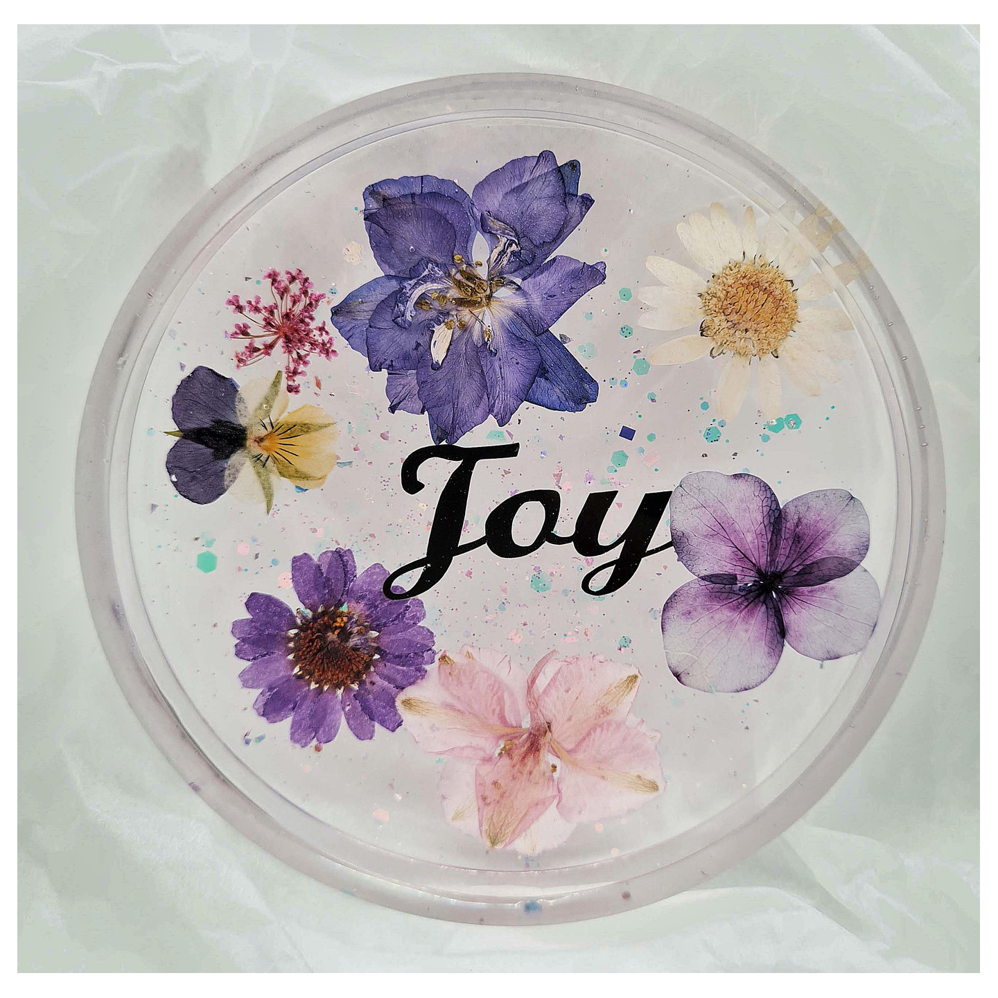Joy   Real Pressed Flowers & Leaves Resin Coaster with an inspirational word Handmade