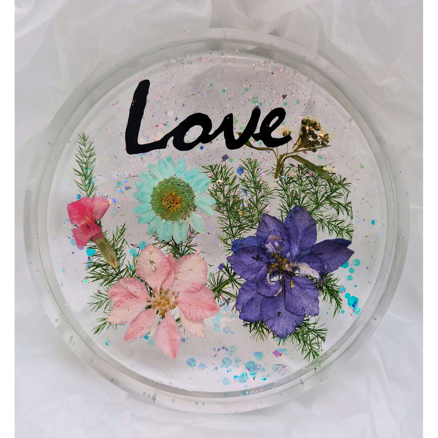 Love   Real Pressed Flowers & Leaves Resin Coaster with an inspirational word Handmade