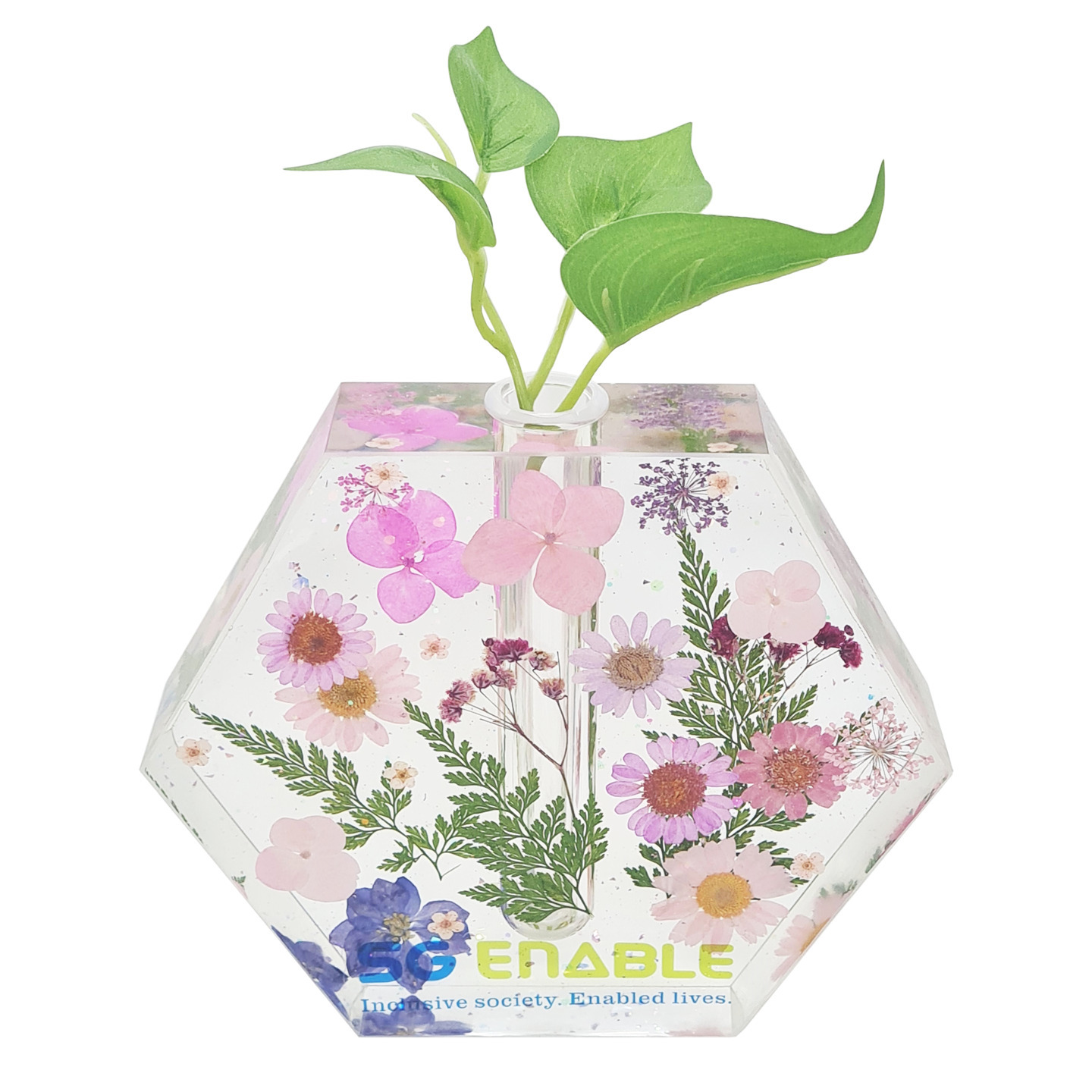 Resin Plaque Vase with glass tube Real flowers & leaves Handmade by PWD  Custom message with namelogo